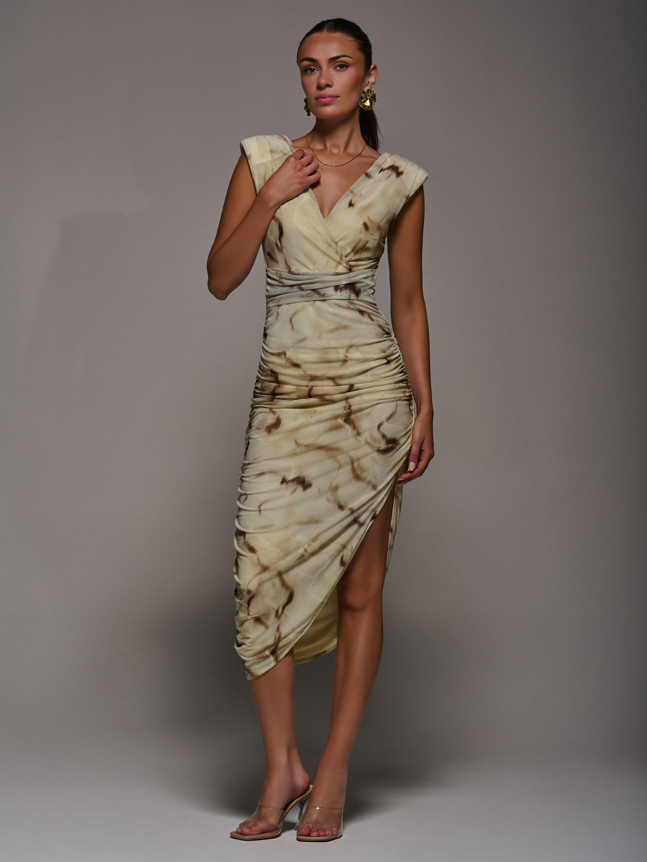 Product image 7 of 7, which shows Jolie Moi Ruched Bodycon Dress , Khaki Abstract, 8