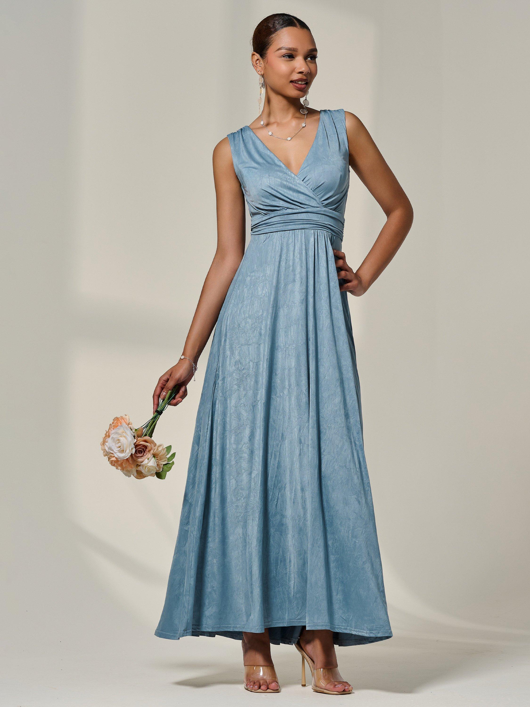 Product image 1 of 7, which shows Jolie Moi Bodice V-Neck Wrap Maxi Dress, Steel Blue, 8