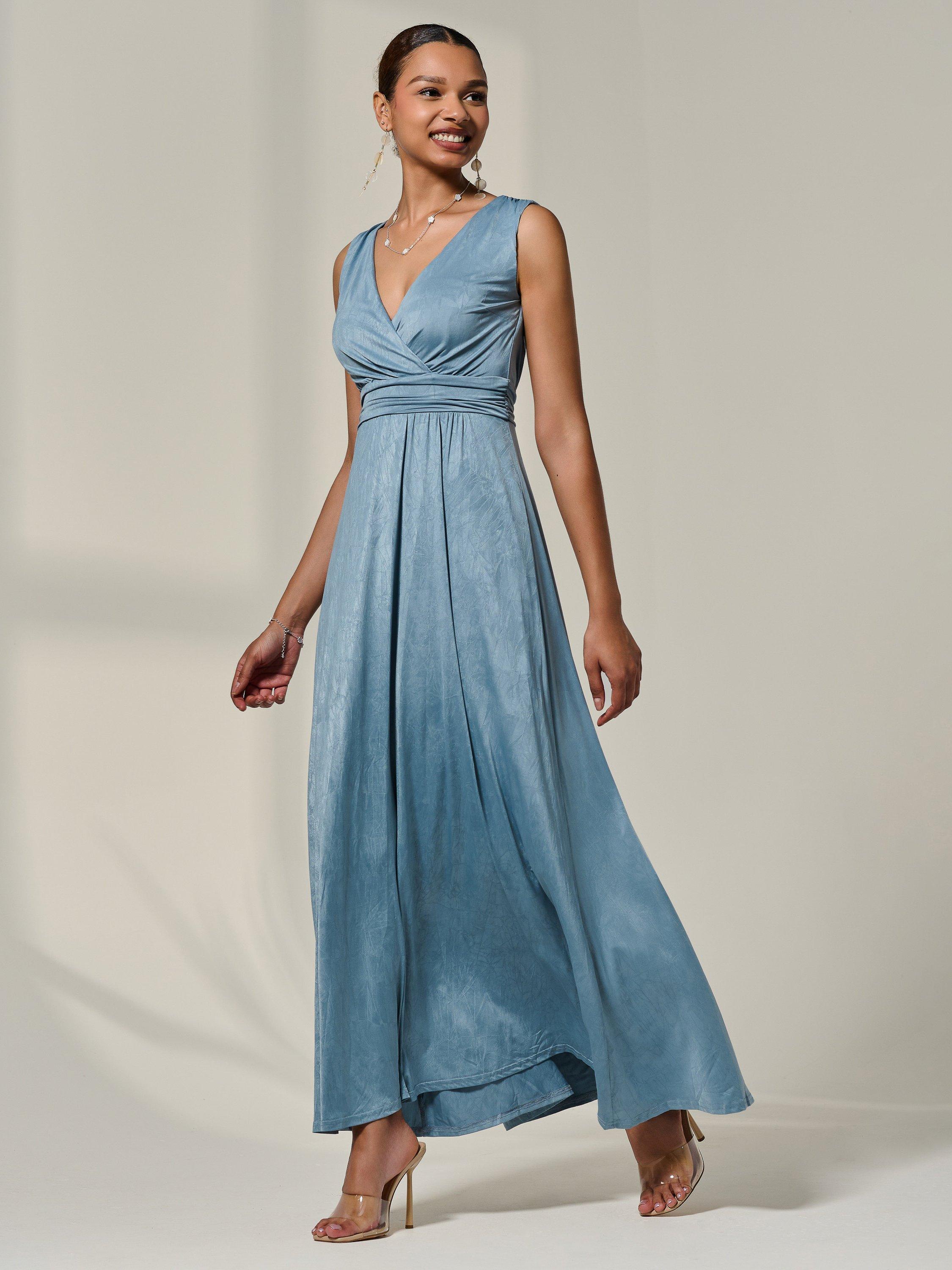 Product image 7 of 7, which shows Jolie Moi Bodice V-Neck Wrap Maxi Dress, Steel Blue, 8