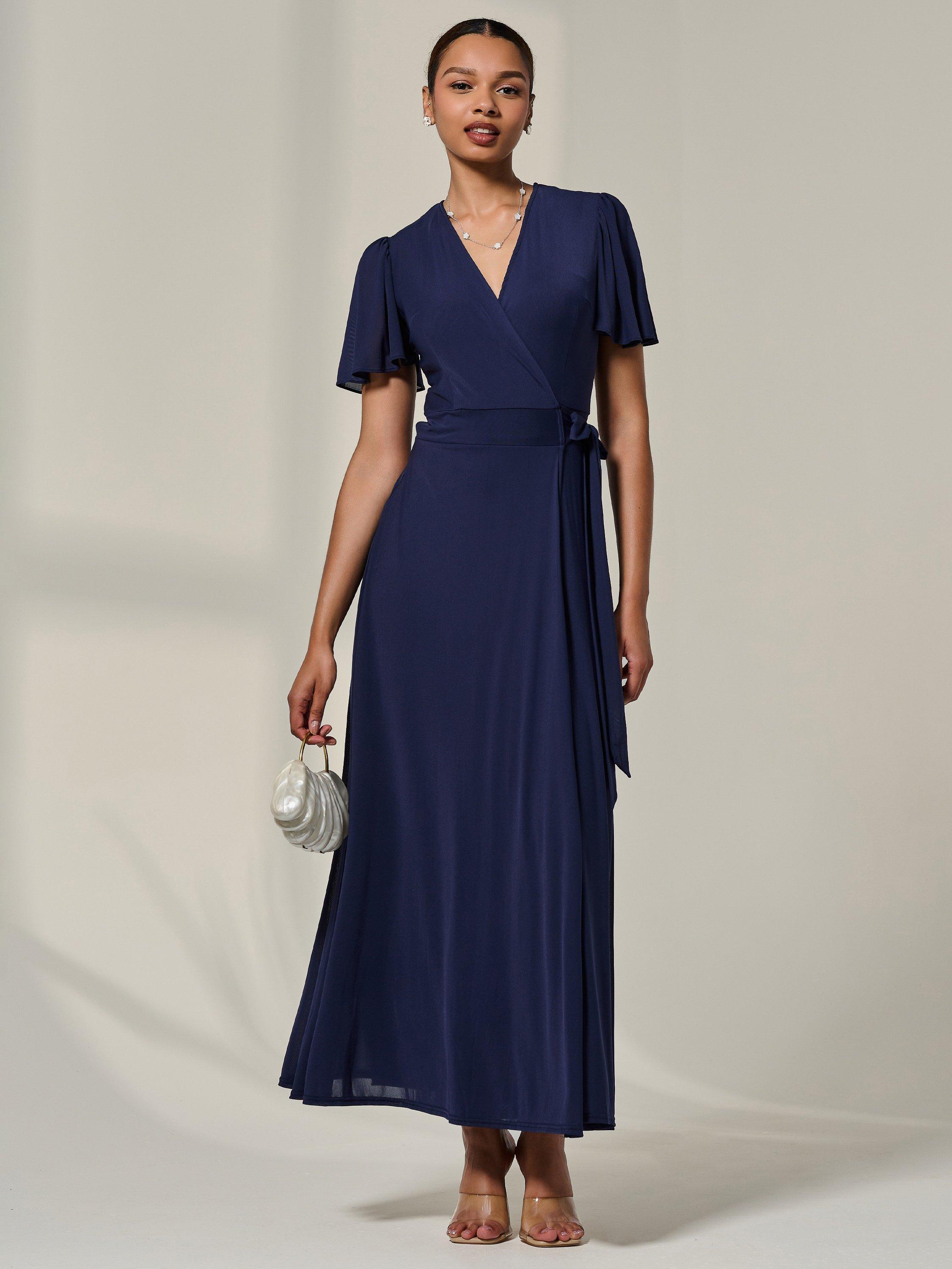 Product image 3 of 7, which shows Jolie Moi Wrapped Mesh Maxi Dress , Navy, 8