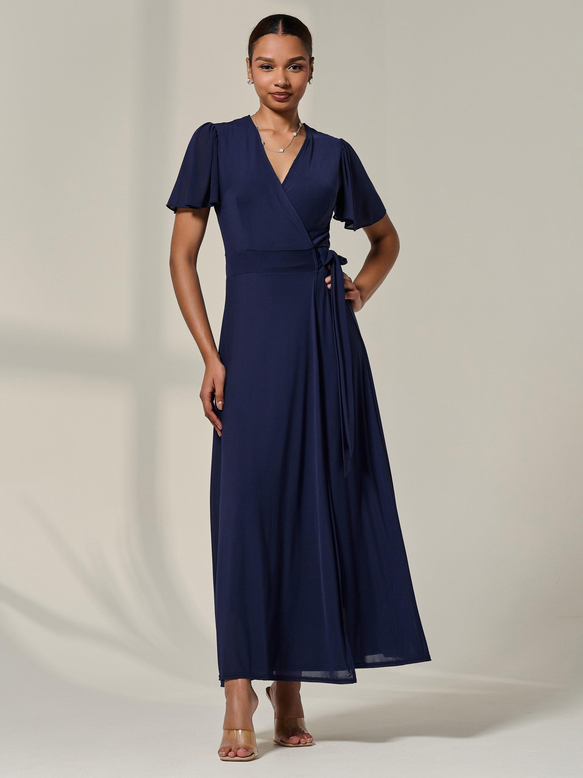 Product image 6 of 7, which shows Jolie Moi Wrapped Mesh Maxi Dress , Navy, 8