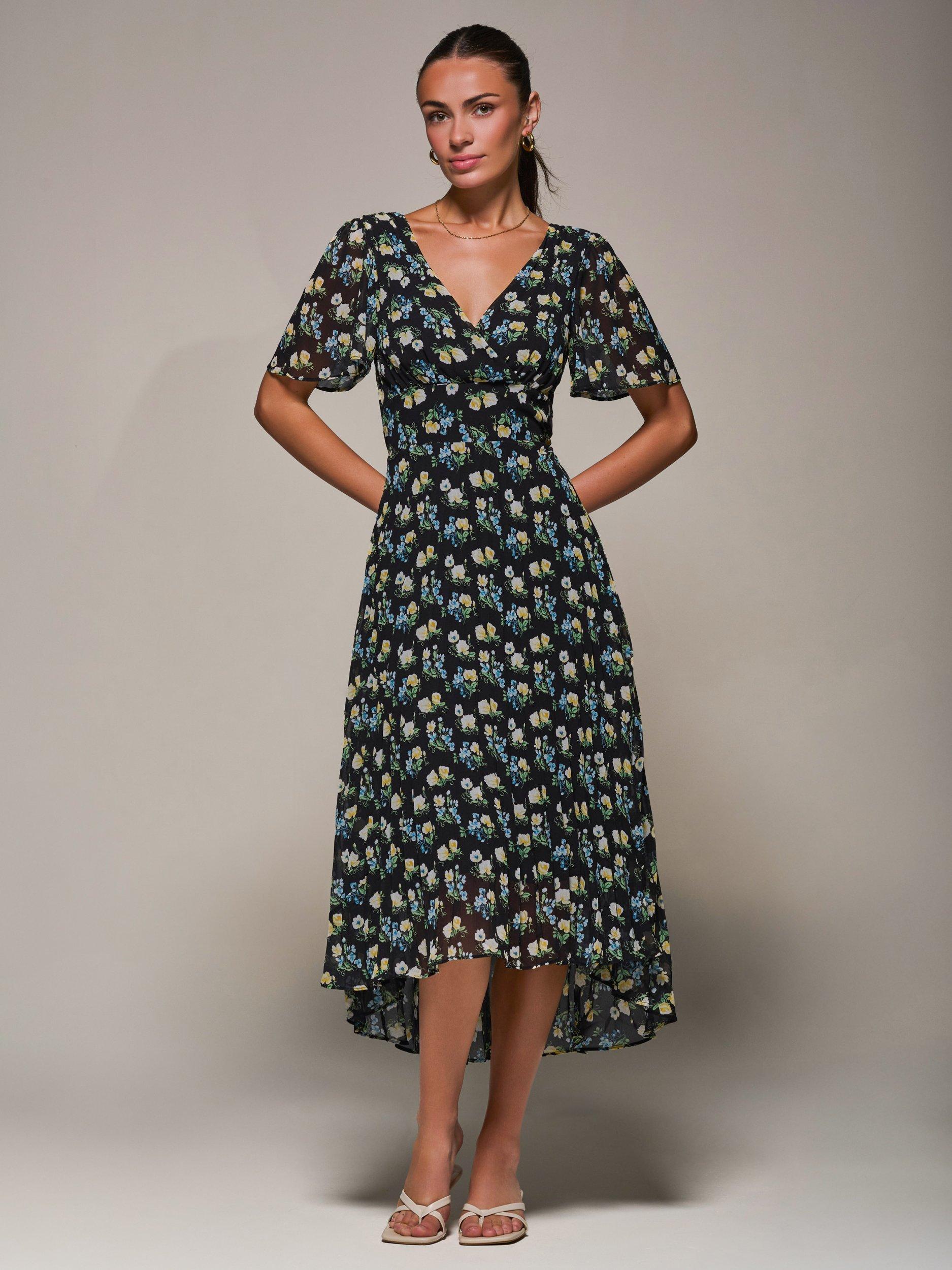 Jolie Moi Floral Print Short Sleeve Chiffon Midi Dress