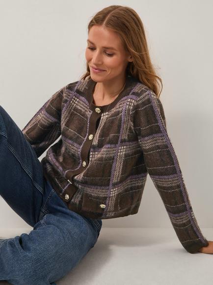 Monsoon Carmen Check Cardigan, Chocolate, Chocolate