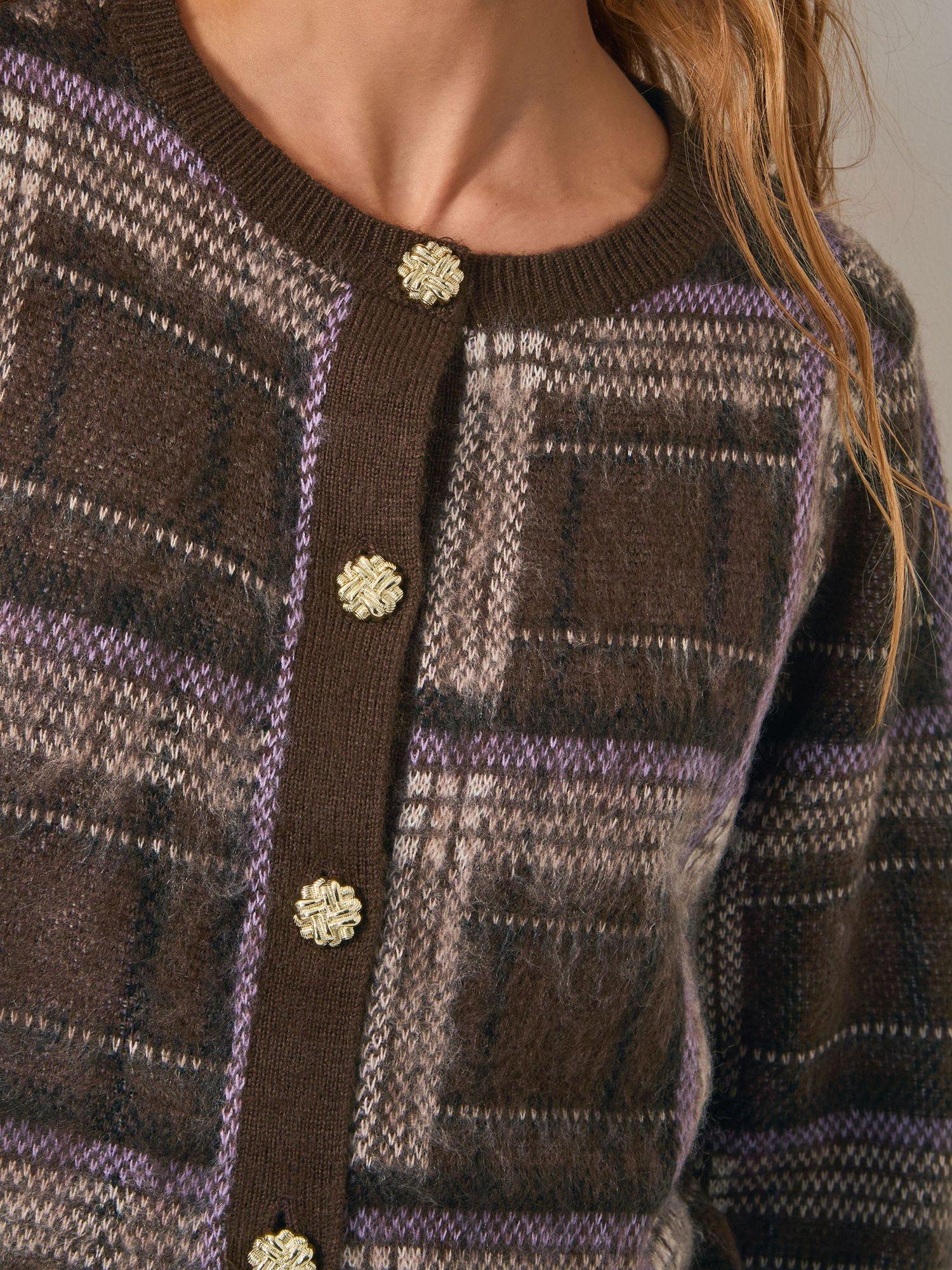 Product image 4 of 5, which shows Monsoon Carmen Check Cardigan, Chocolate, S