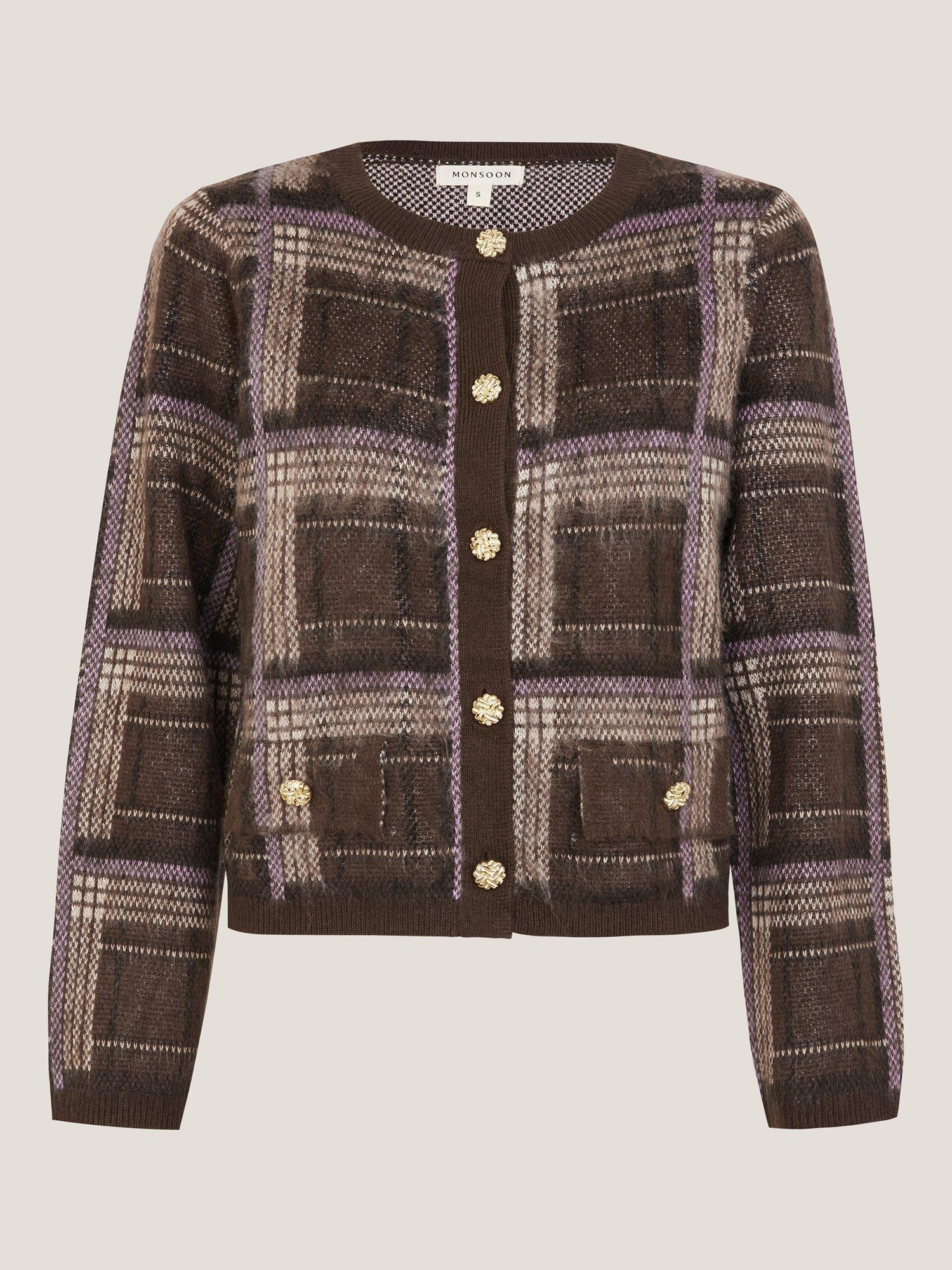 Product image 5 of 5, which shows Monsoon Carmen Check Cardigan, Chocolate, S