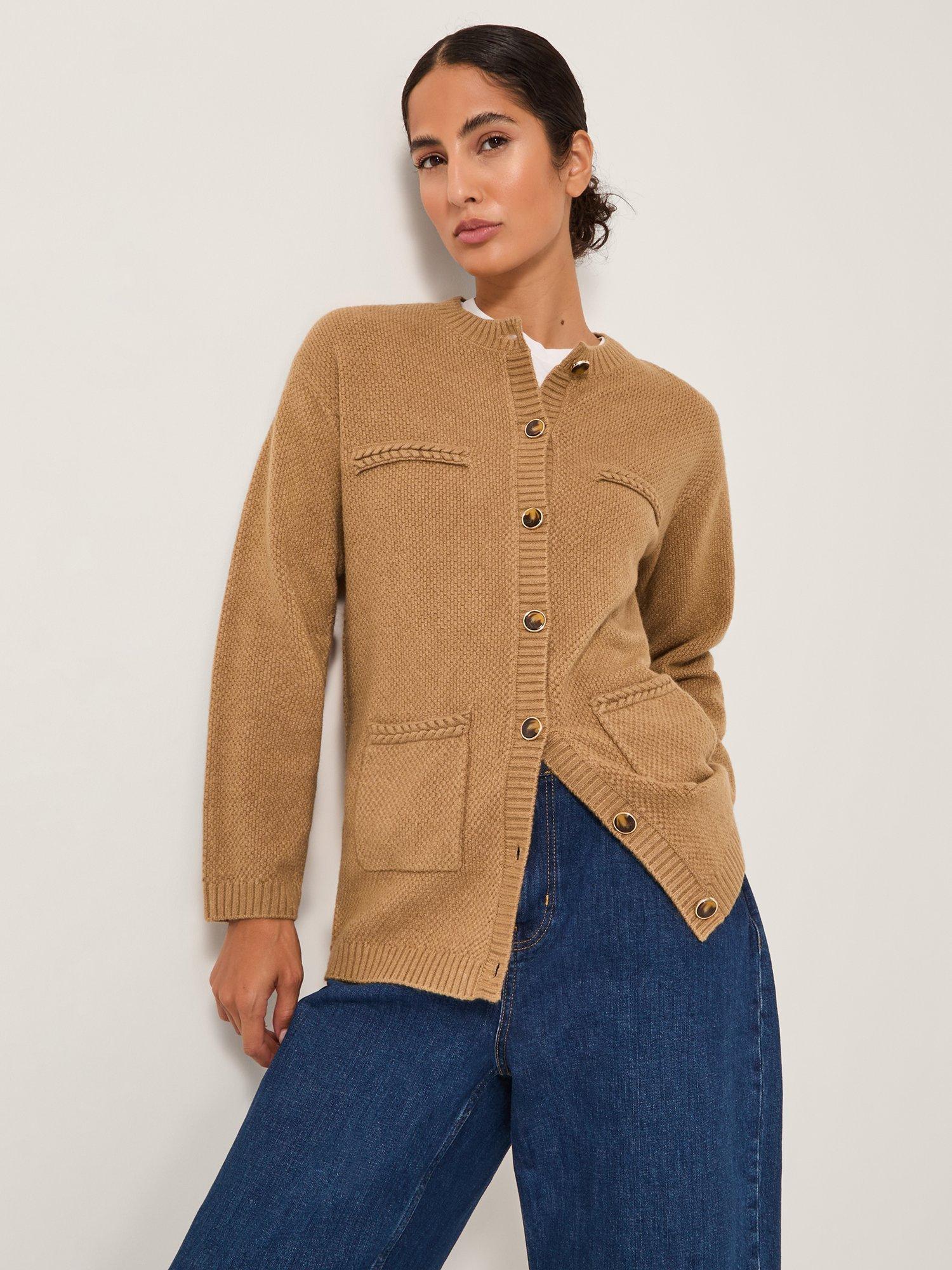 Product image 1 of 5, which shows Monsoon Bella Braid Pocket Cardigan, Camel, S