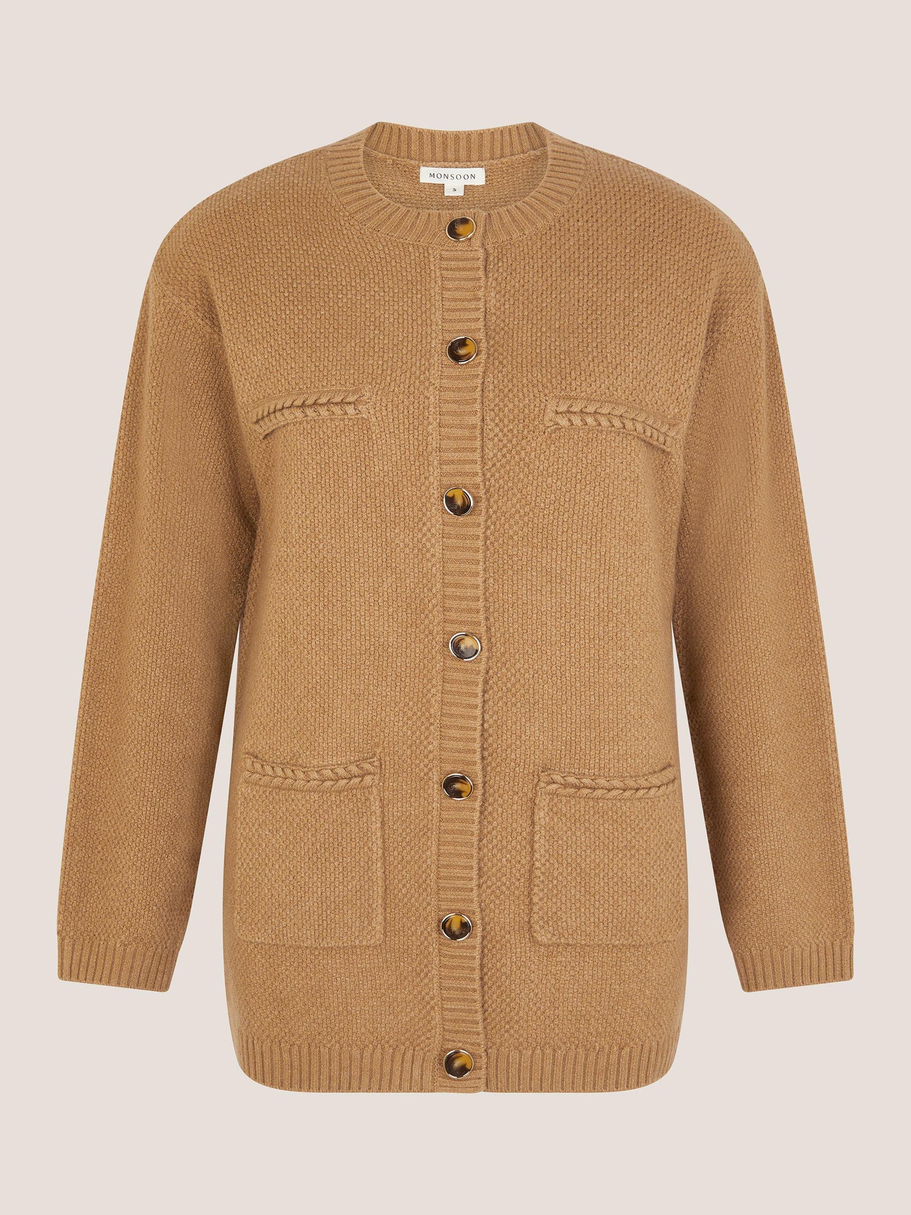 Product image 5 of 5, which shows Monsoon Bella Braid Pocket Cardigan, Camel, S