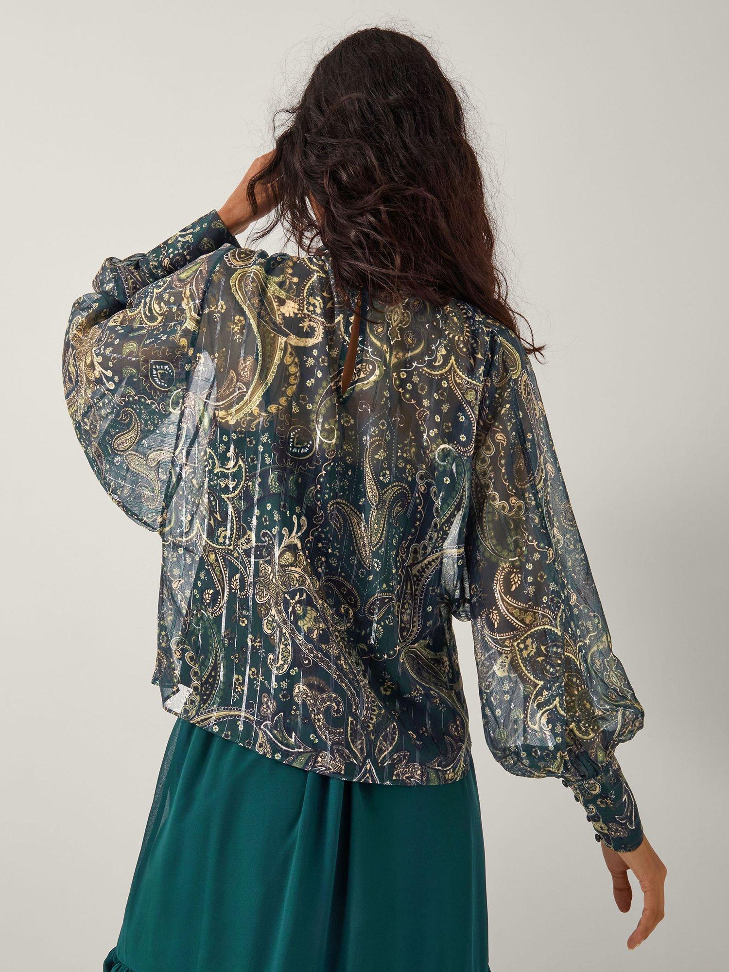 Product image 2 of 5, which shows Monsoon Marianna Paisley Blouse, Green, S