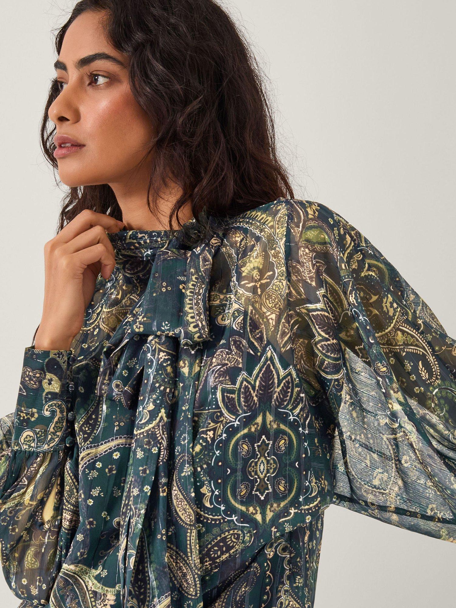 Product image 4 of 5, which shows Monsoon Marianna Paisley Blouse, Green, S