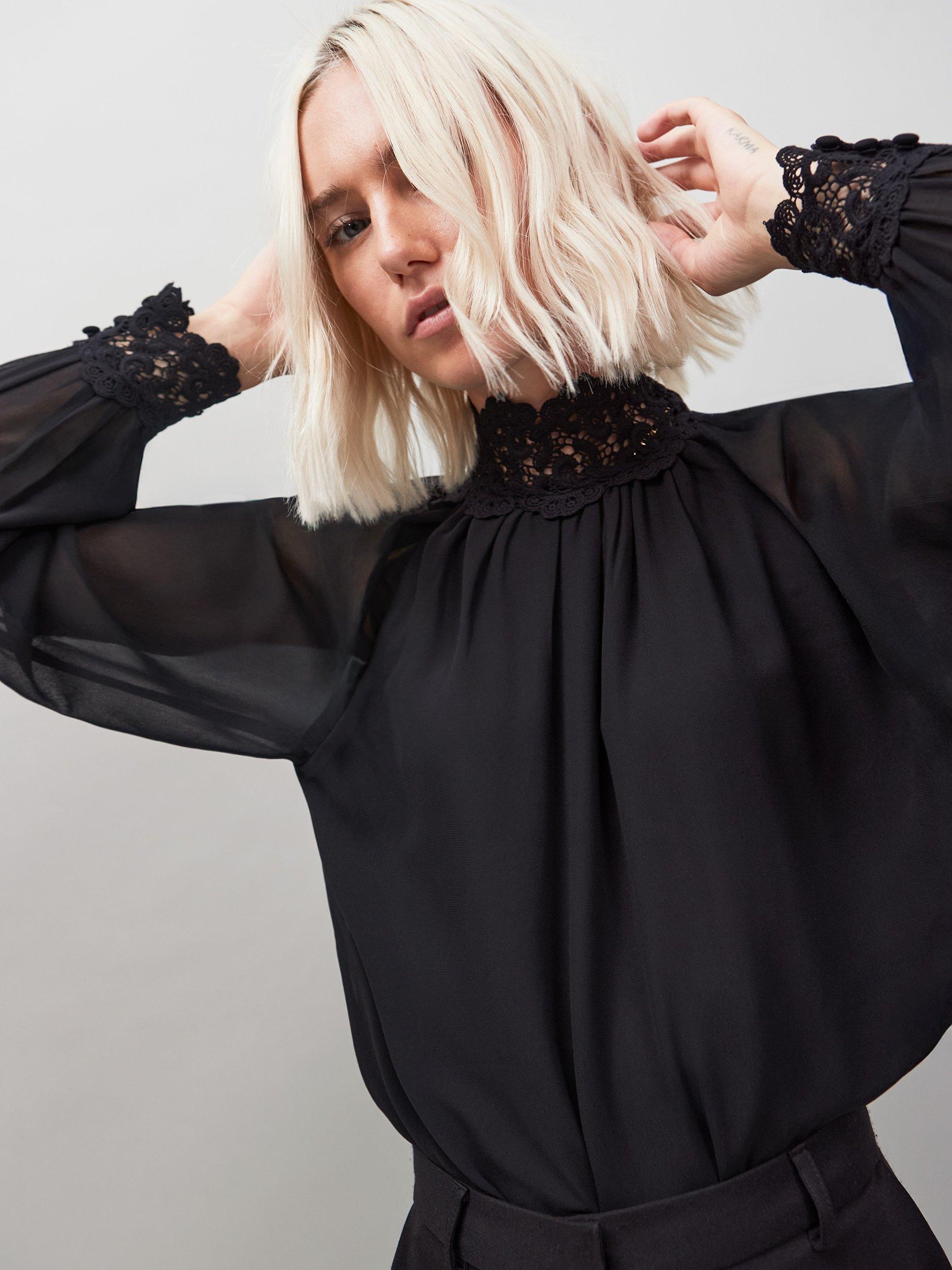 Product image 2 of 3, which shows Ro&Zo Lace Trim Long Sleeve Top, Black, 18