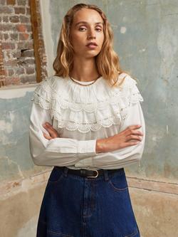 Ro&Zo Crochet Double Frill Top, White, White