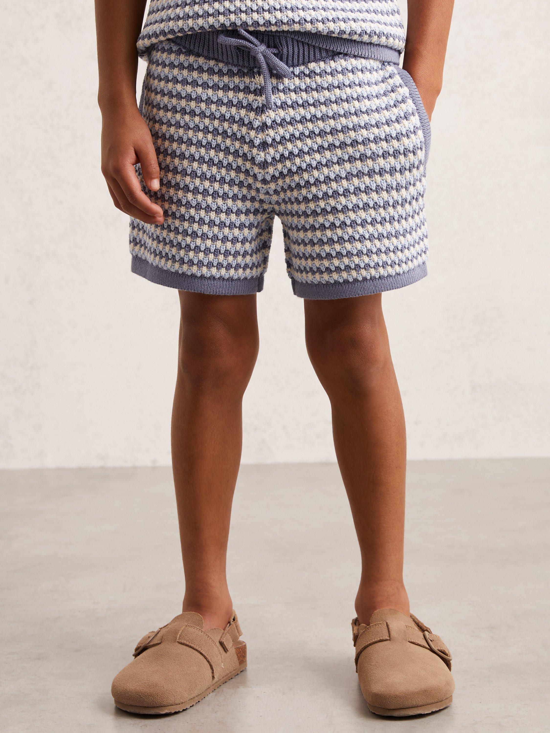 Product image 1 of 4, which shows Reiss Kids' Peter Knitted Stripe Shorts, Blue/White, 4-5 years