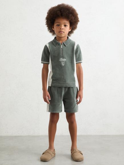 Reiss Kids' Trenton Chenille Tipped Motor Cars Shorts, Green/White, Green/White