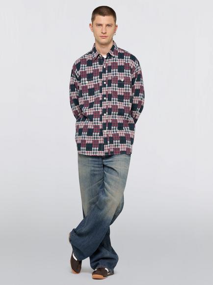 Edwin Cotton Patchwork Work Shirt, Green/Red - view 2, Green/Red