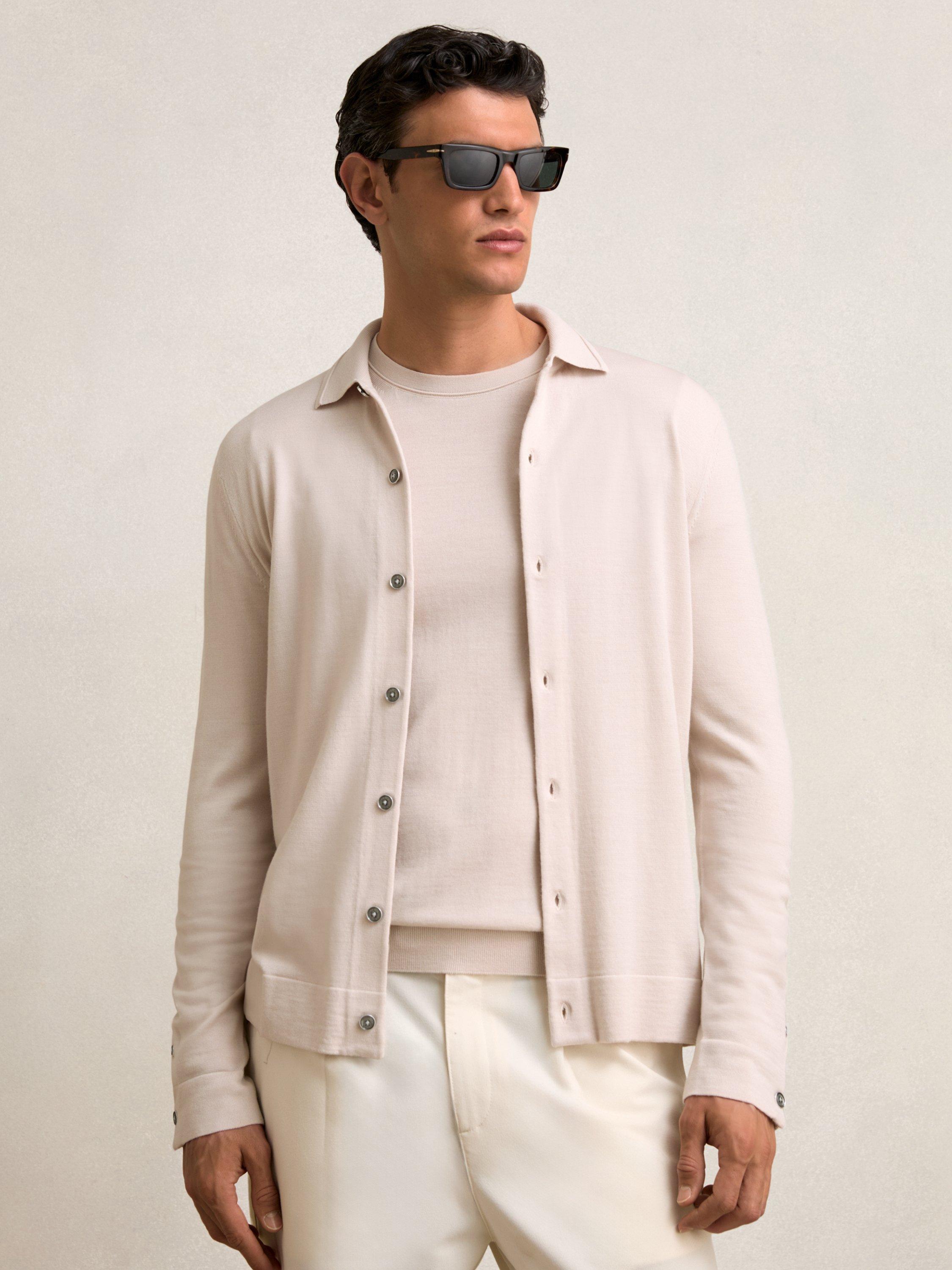 Product image 1 of 5, which shows Reiss Forbes Merino Wool Button-Through Cardigan, Beige, L