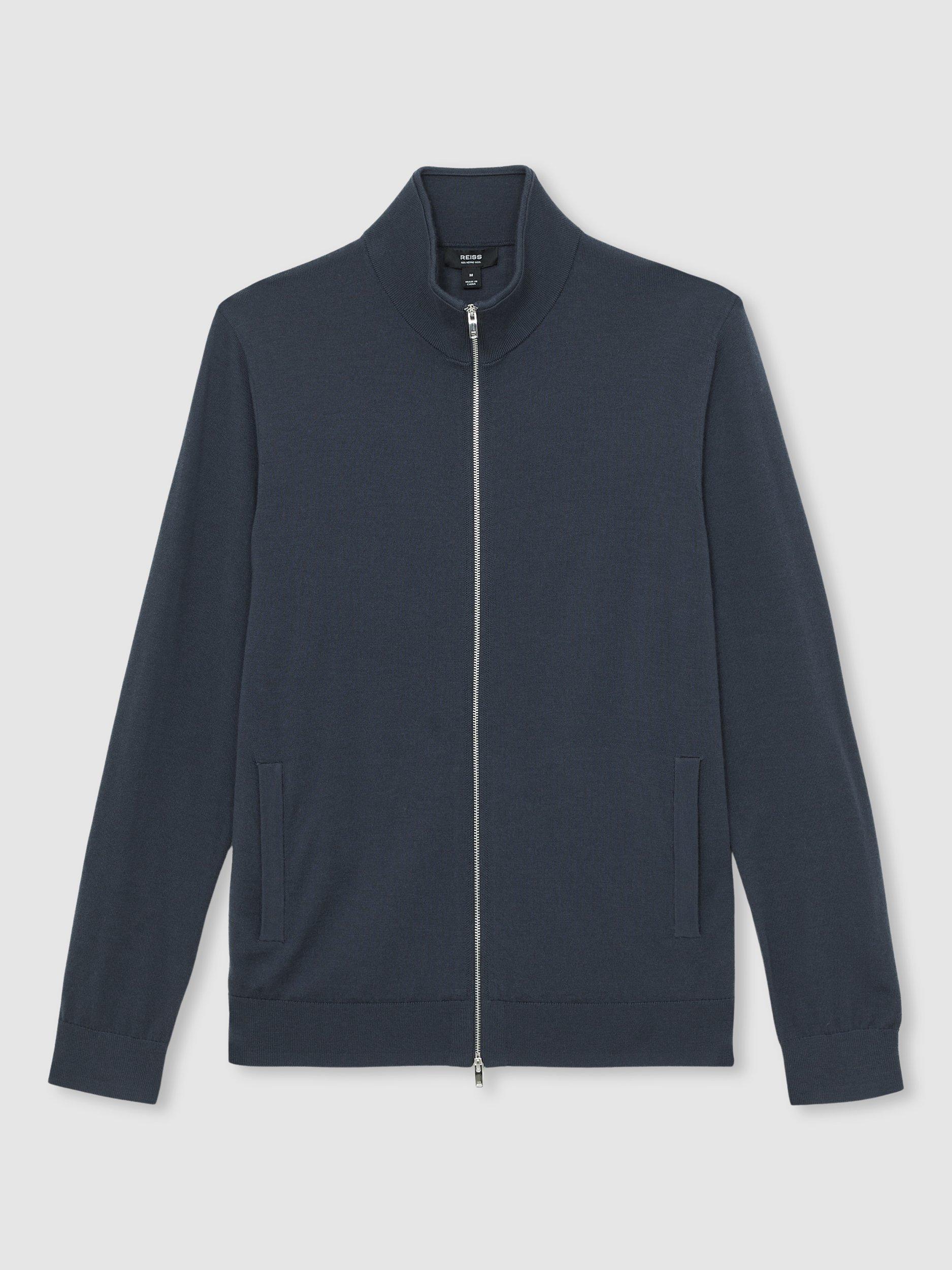 Product image 3 of 5, which shows Reiss Hampshire Zip Front Merino Wool Cardigan, Midnight Navy, M