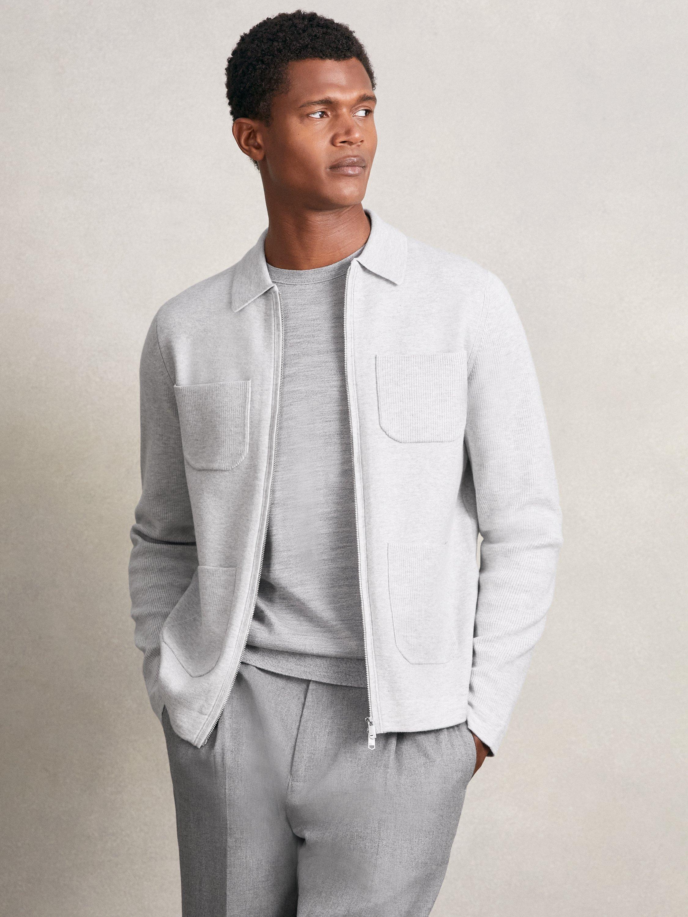Product image 1 of 5, which shows Reiss Roberto Zip Front Cardigan, Soft Grey, XS