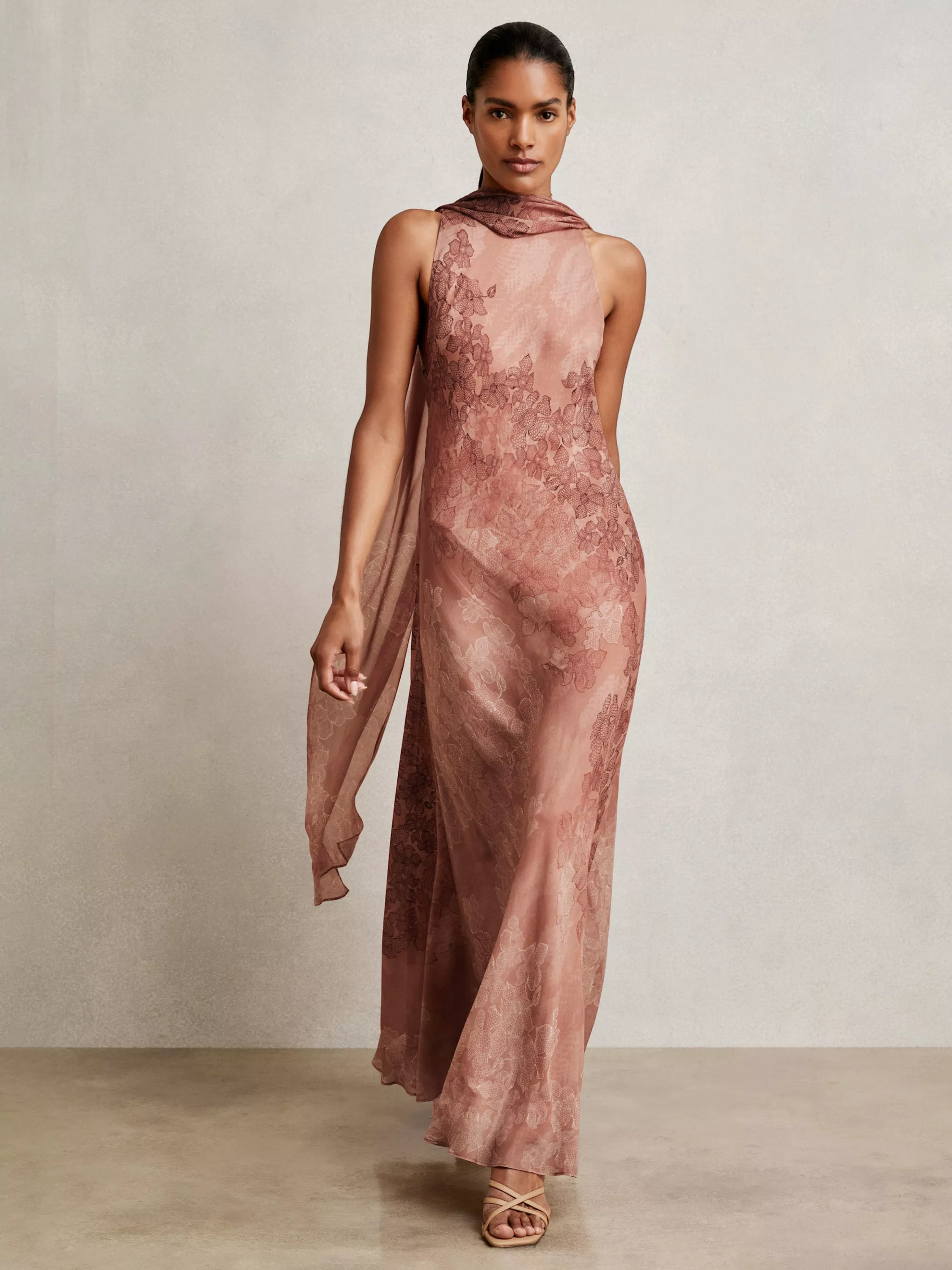Reiss Petite Lacey Abstract Halterneck Maxi Dress, Pale Pink