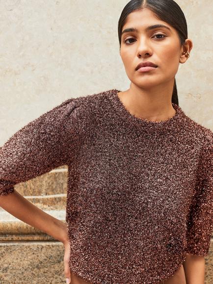 Ro&Zo Sparkle Knit Jumper, Brown - view 2, Brown