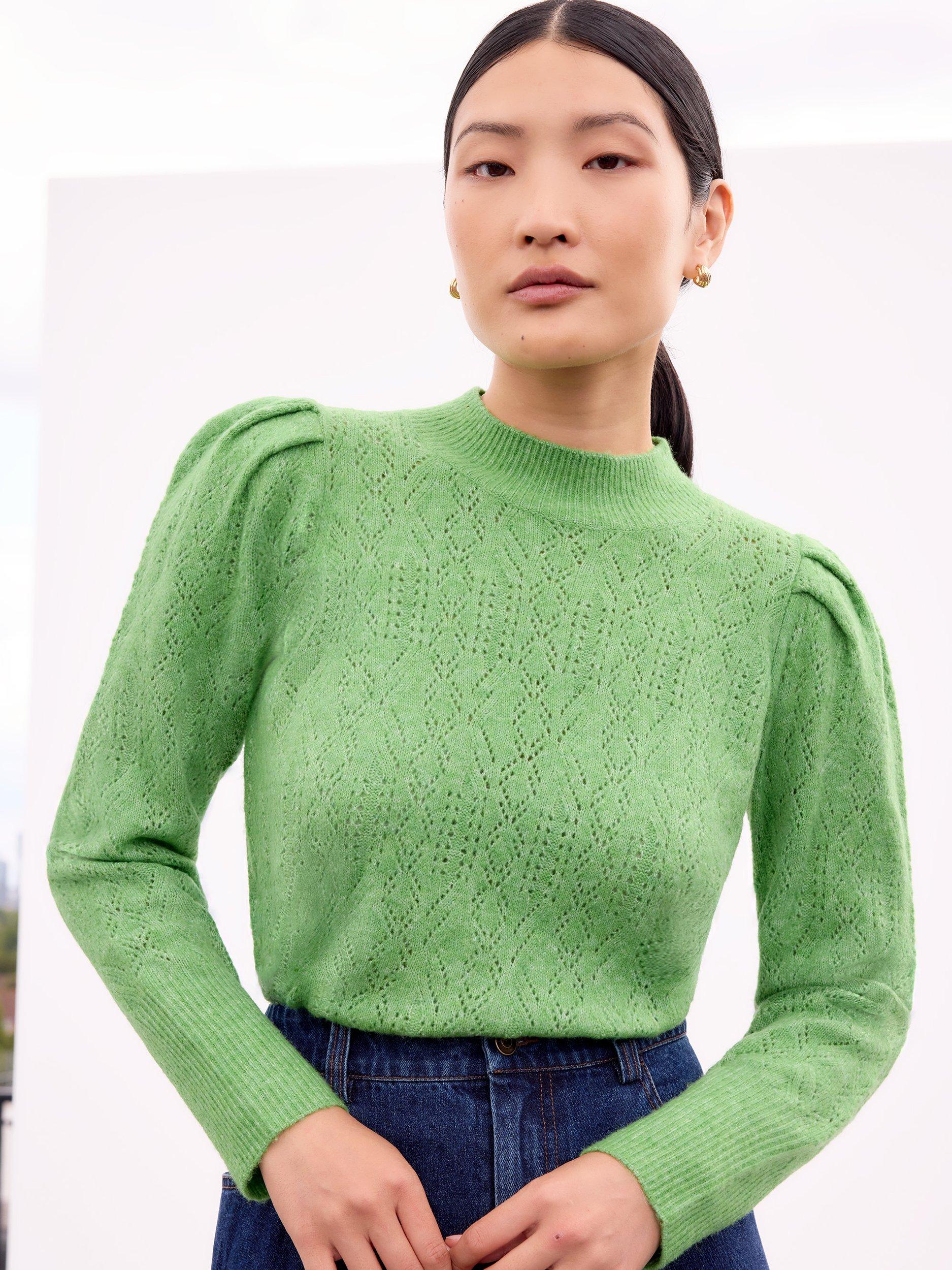 Product image 1 of 3, which shows Ro&Zo High Neck Pointelle Knit Jumper, Green, XS