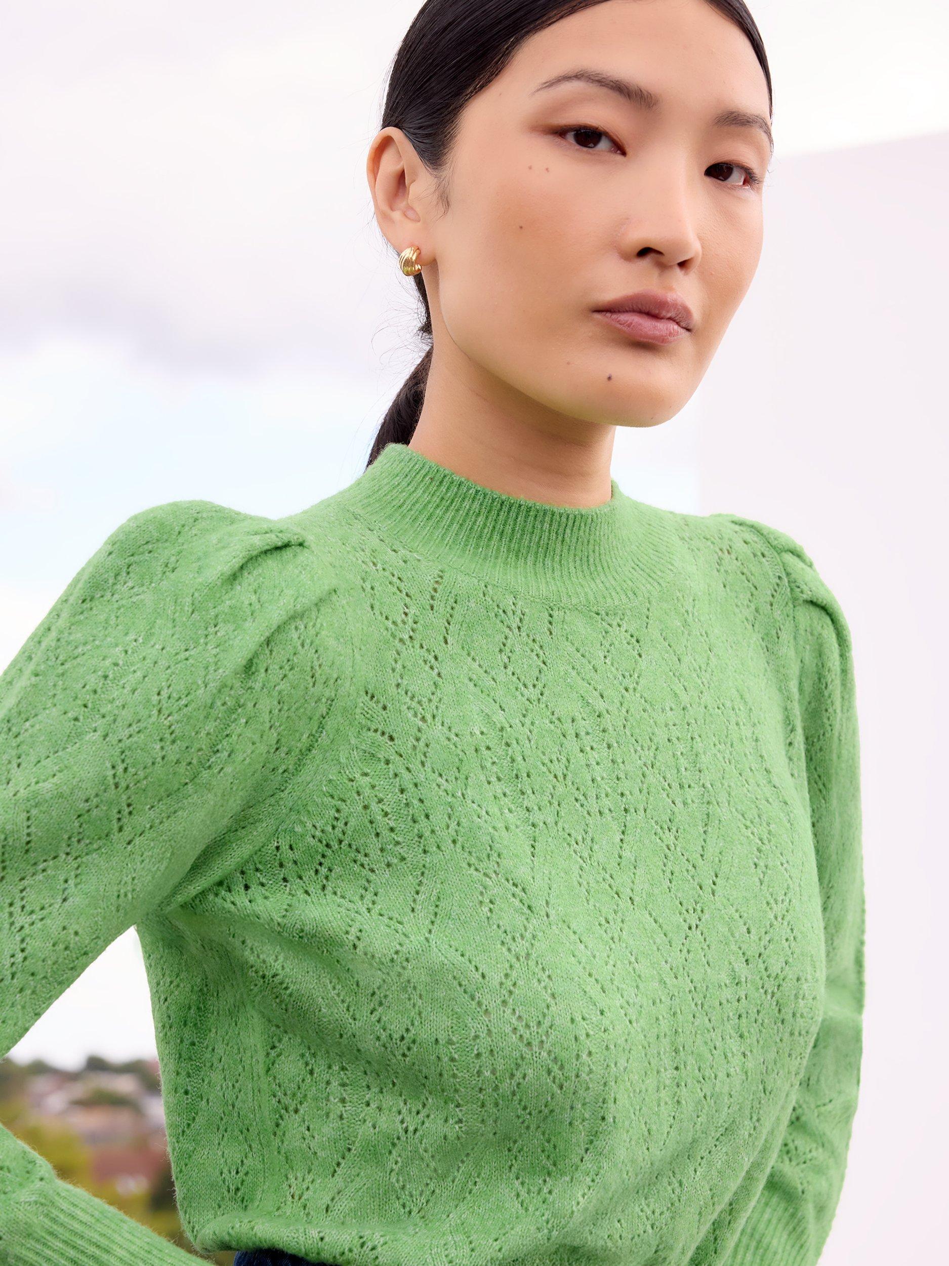 Product image 2 of 3, which shows Ro&Zo High Neck Pointelle Knit Jumper, Green, XS