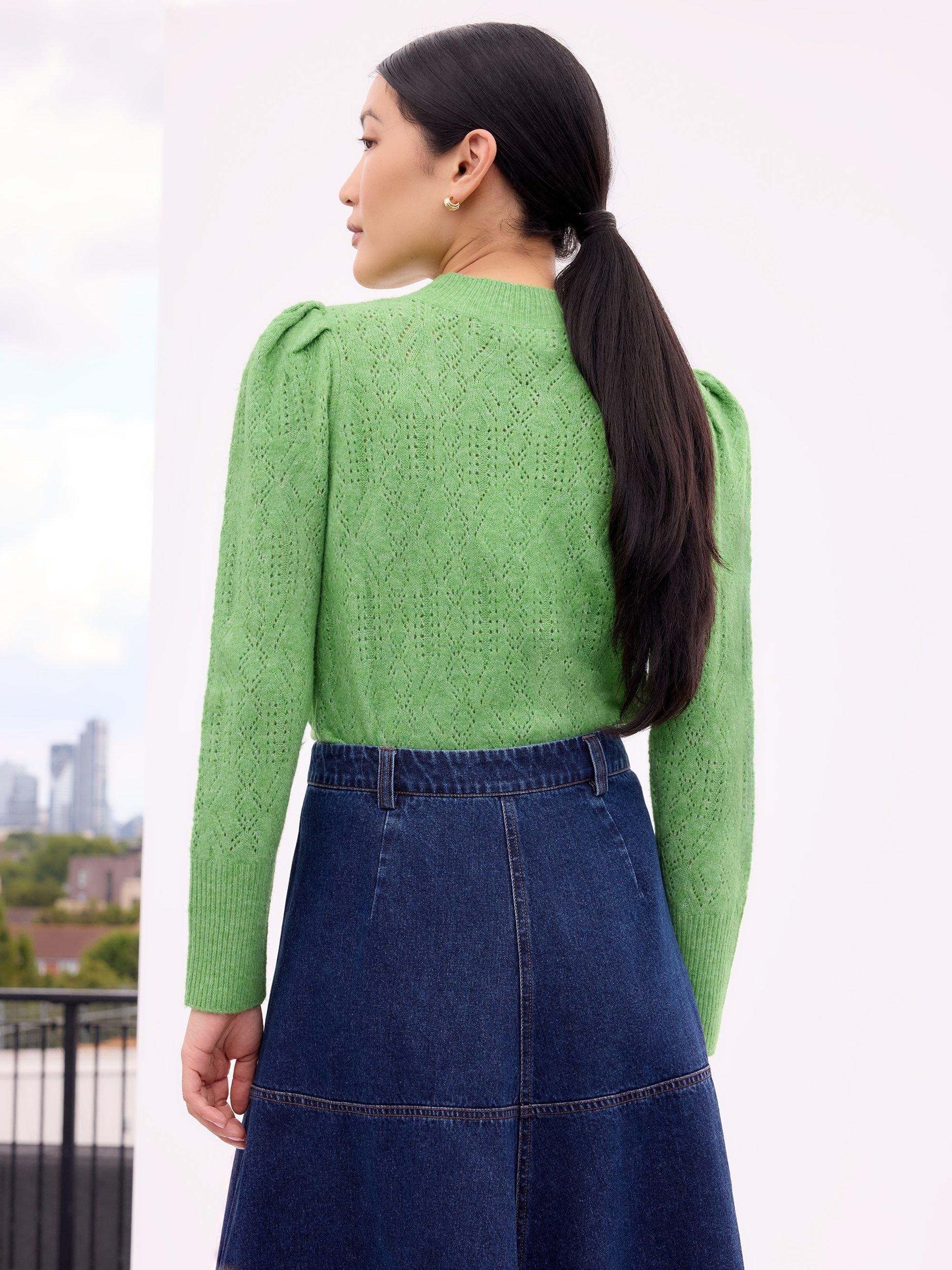 Product image 3 of 3, which shows Ro&Zo High Neck Pointelle Knit Jumper, Green, XS