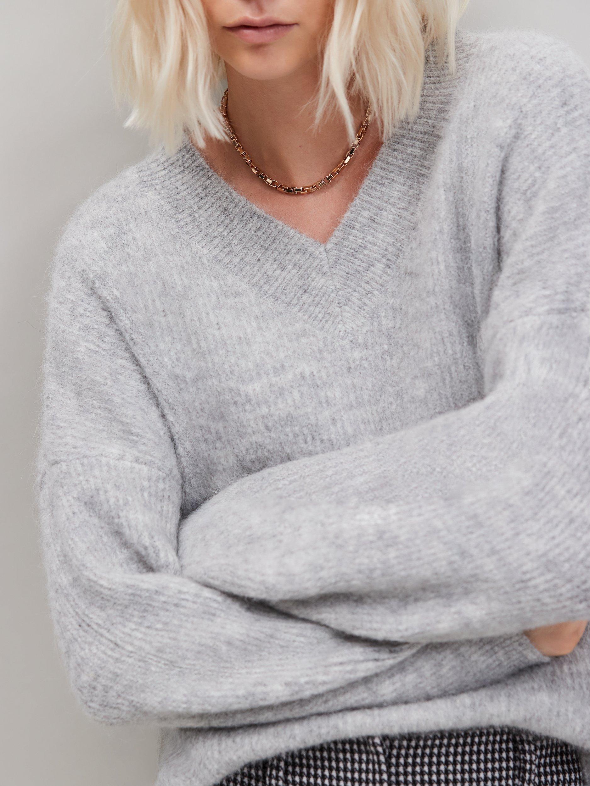 Product image 2 of 3, which shows Ro&Zo V-Neck Fluffy Knit Jumper, Grey, S