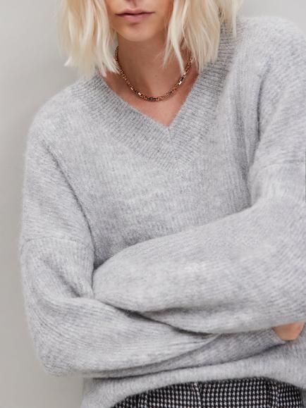 Ro&Zo V-Neck Fluffy Knit Jumper, Grey - view 2, Grey