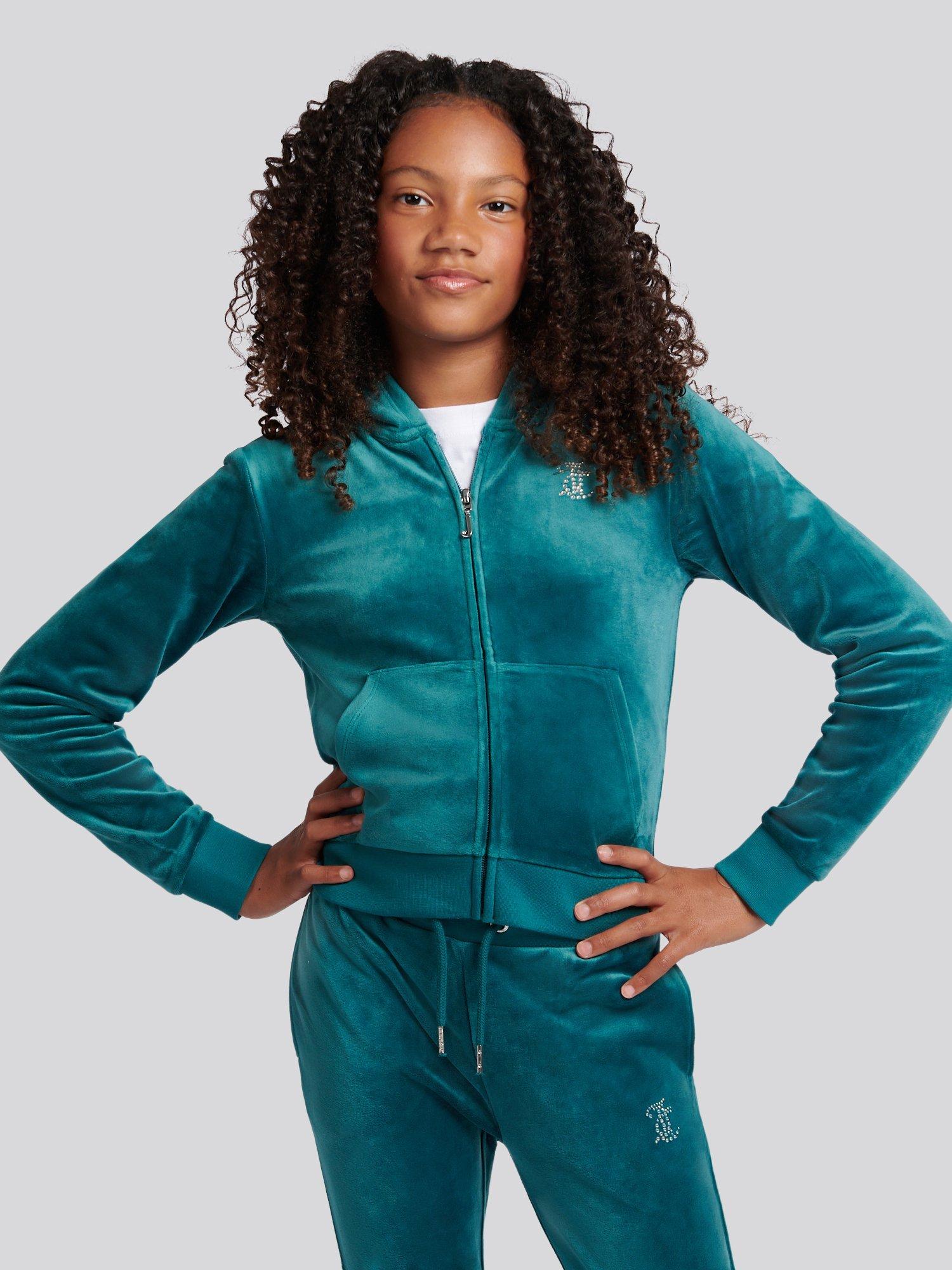 Product image 1 of 8, which shows Juicy Couture Kids' Diamante Zip-Through Hoodie, Teal, 9-10 years