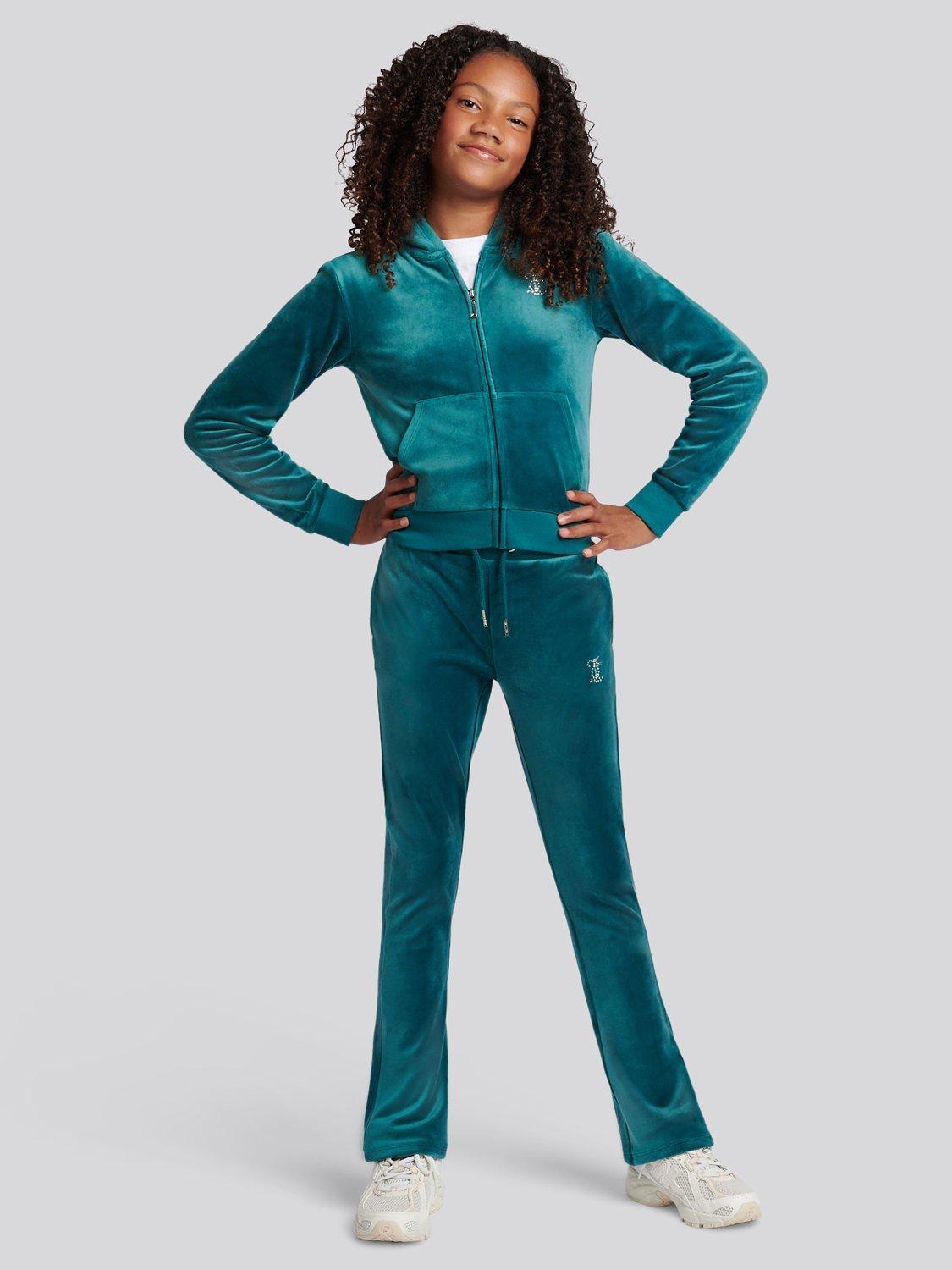 Product image 2 of 8, which shows Juicy Couture Kids' Diamante Zip-Through Hoodie, Teal, 9-10 years