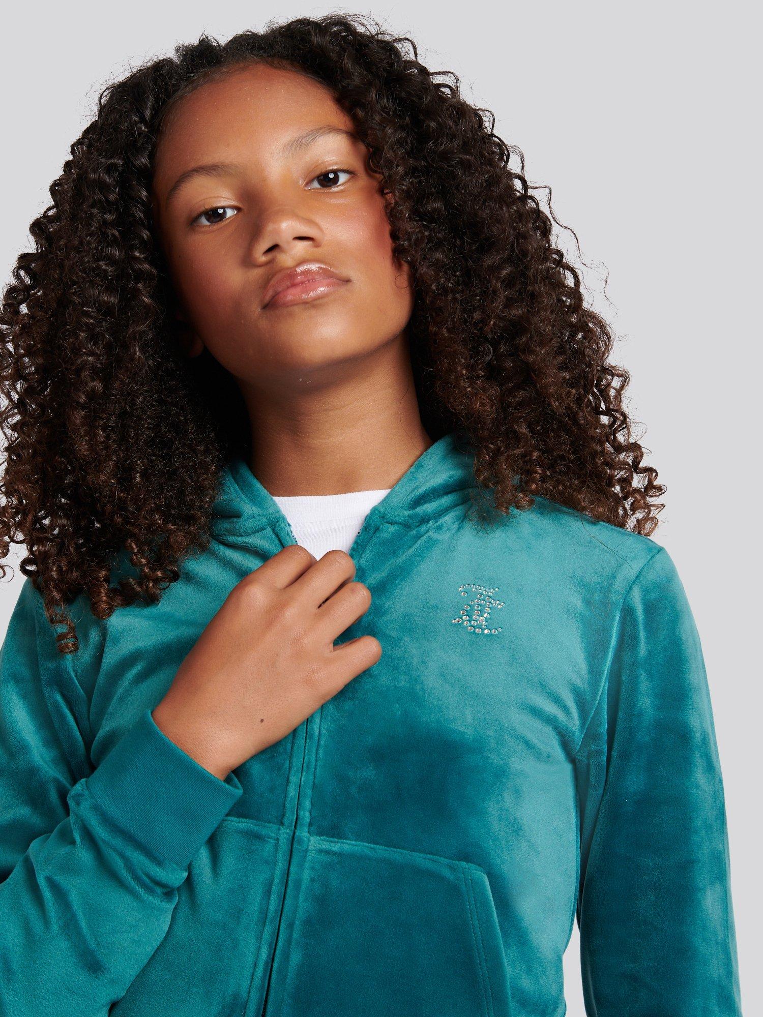 Product image 3 of 8, which shows Juicy Couture Kids' Diamante Zip-Through Hoodie, Teal, 9-10 years