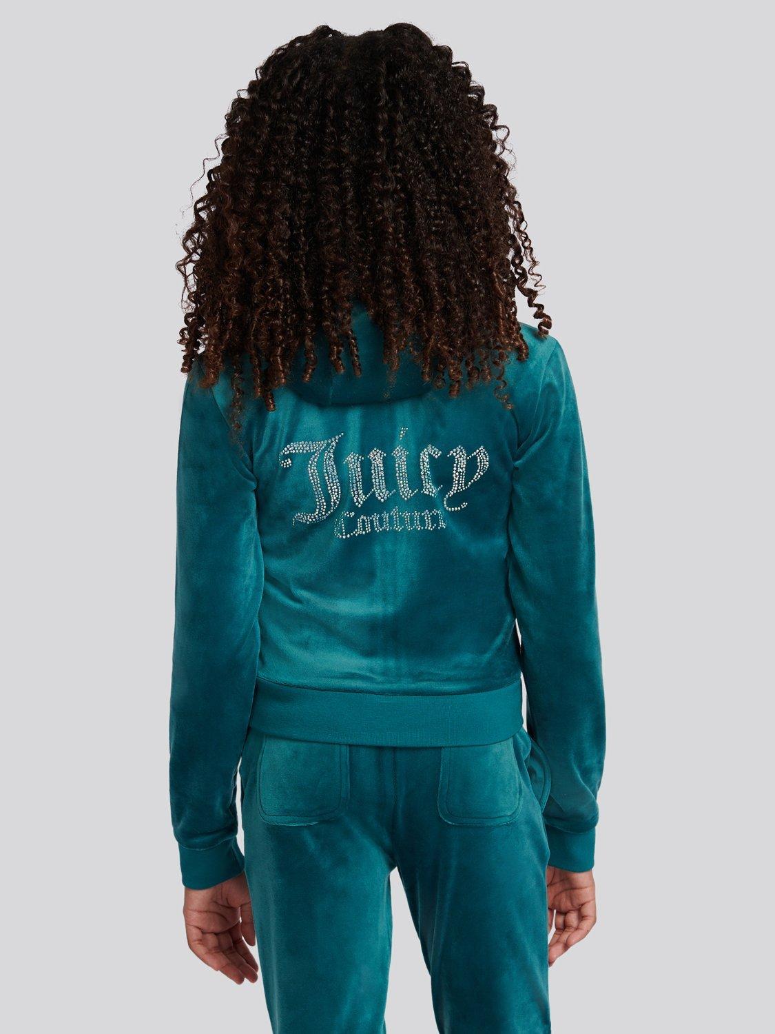 Product image 4 of 8, which shows Juicy Couture Kids' Diamante Zip-Through Hoodie, Teal, 9-10 years