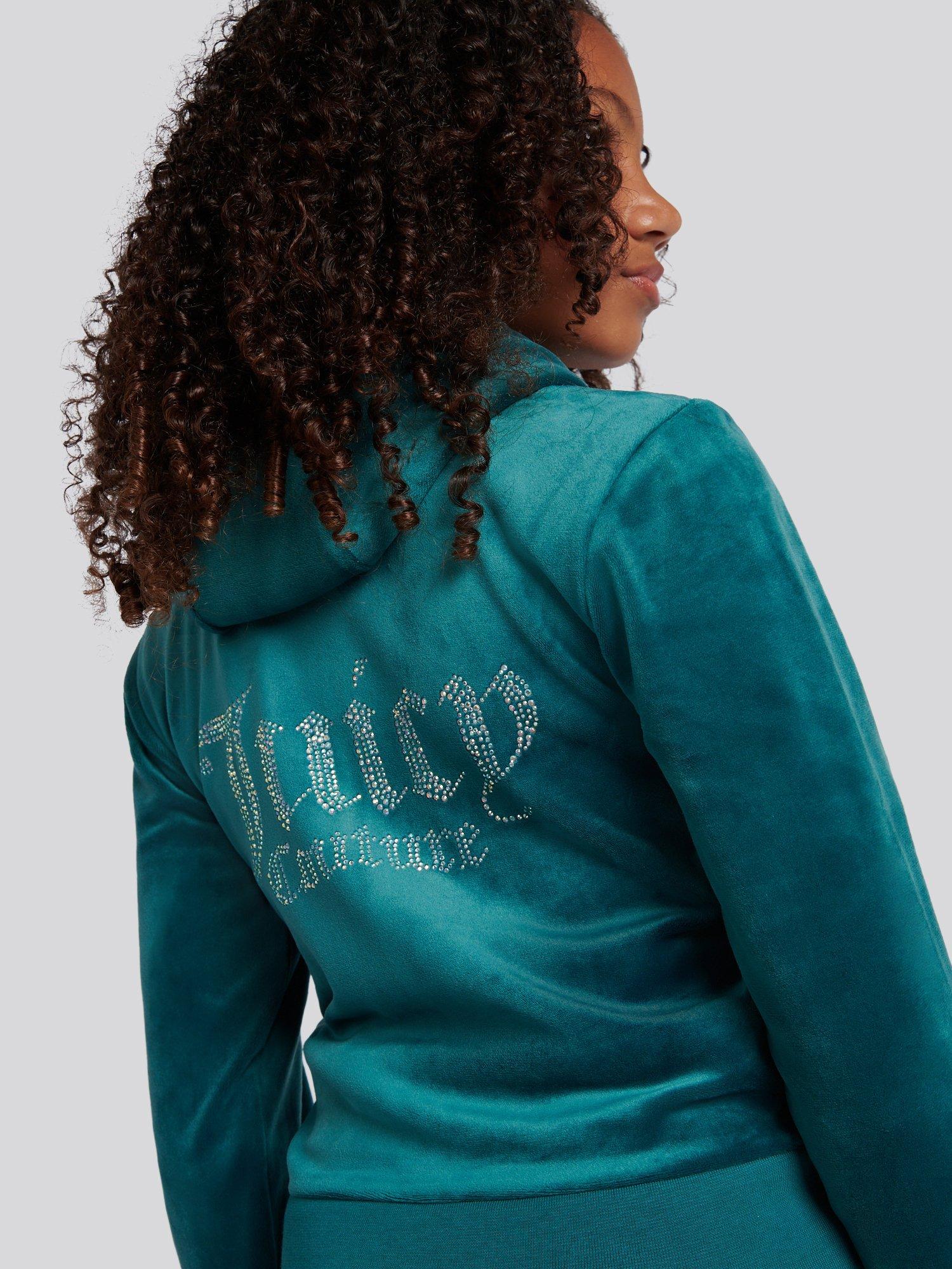 Product image 5 of 8, which shows Juicy Couture Kids' Diamante Zip-Through Hoodie, Teal, 9-10 years