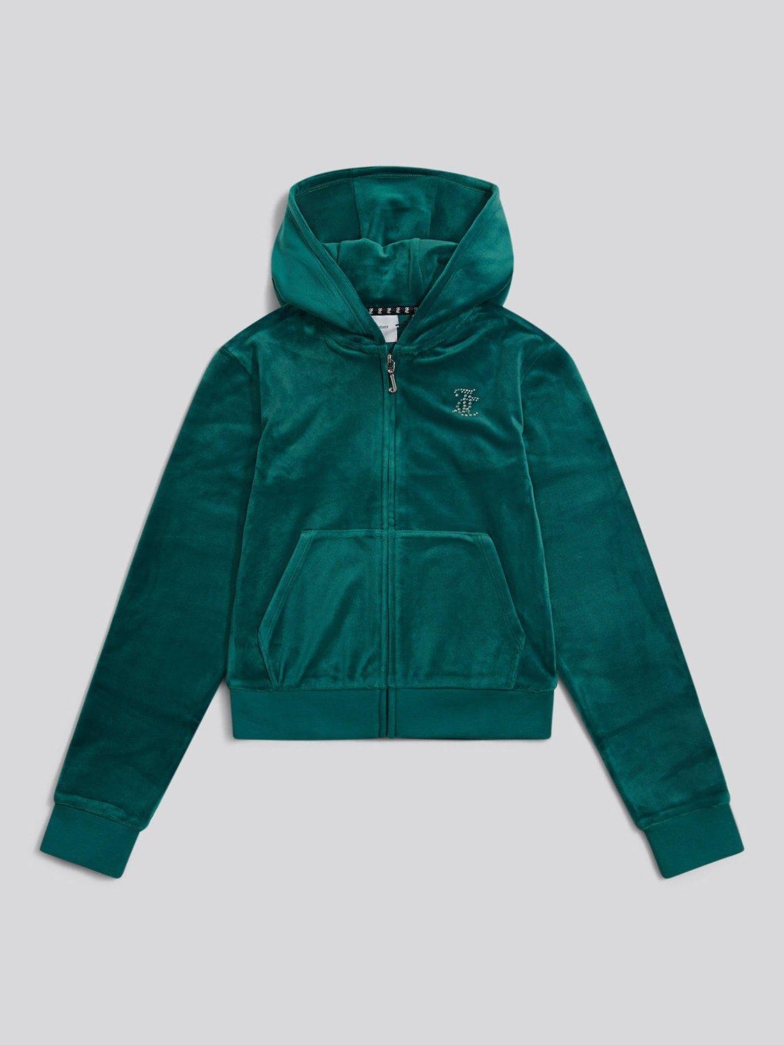 Product image 6 of 8, which shows Juicy Couture Kids' Diamante Zip-Through Hoodie, Teal, 9-10 years