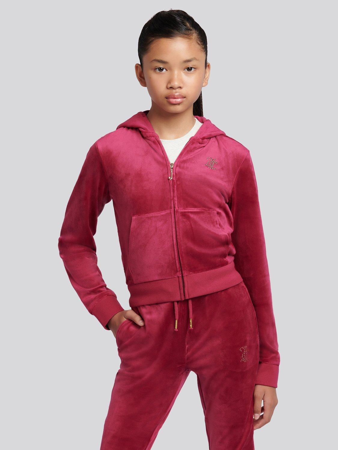 Product image 1 of 8, which shows Juicy Couture Kids' Diamante Zip-Through Hoodie, Red Plum, 10-11 years