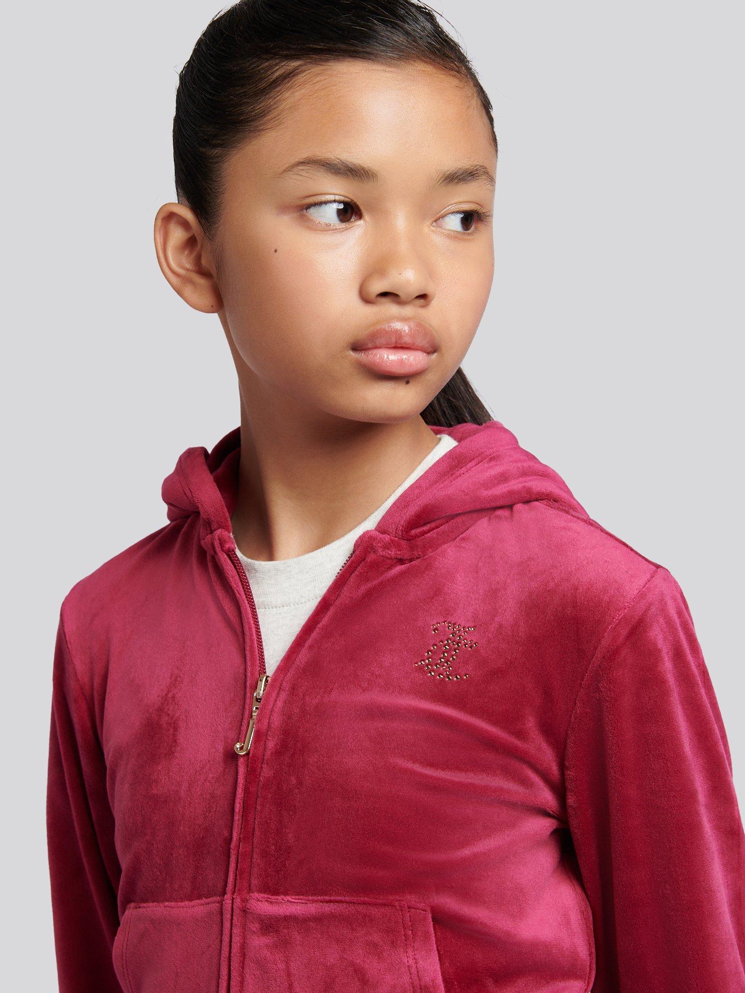 Product image 3 of 8, which shows Juicy Couture Kids' Diamante Zip-Through Hoodie, Red Plum, 10-11 years
