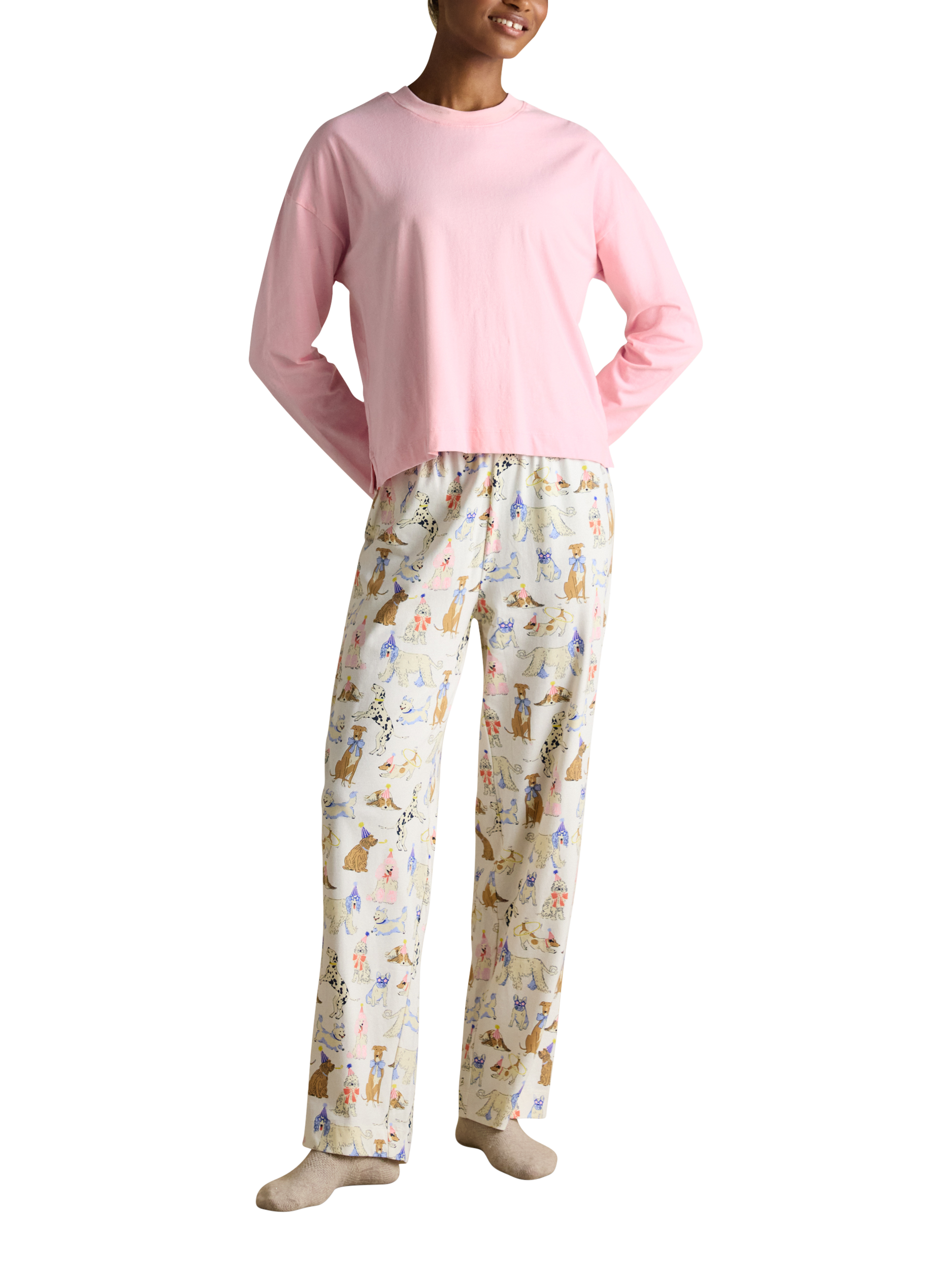 Product image 1 of 8, which shows Joules Jersey Dog Bottoms Long Pyjama Set, Pink/Multi, XS Reg