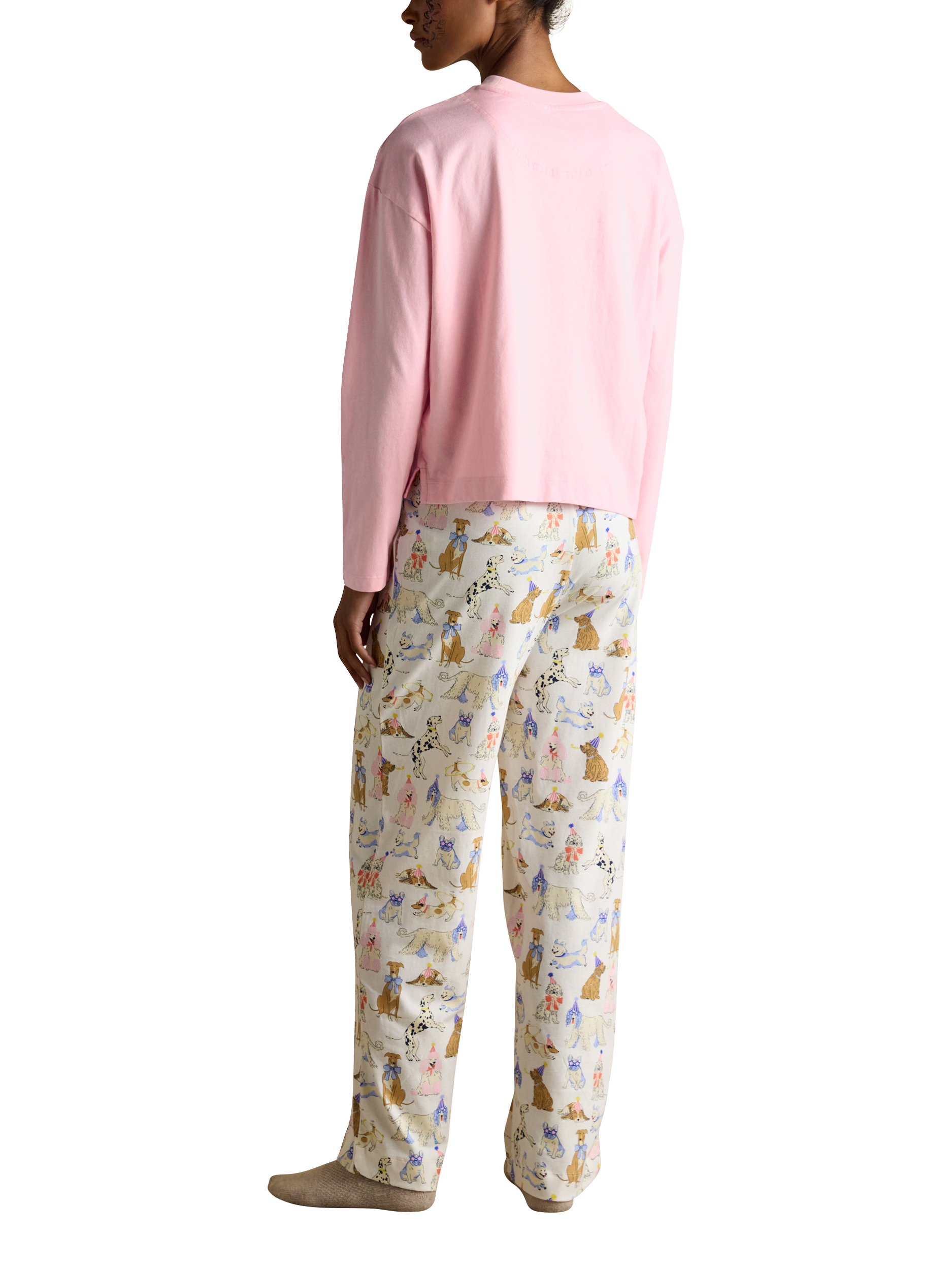Product image 2 of 8, which shows Joules Jersey Dog Bottoms Long Pyjama Set, Pink/Multi, XS Reg
