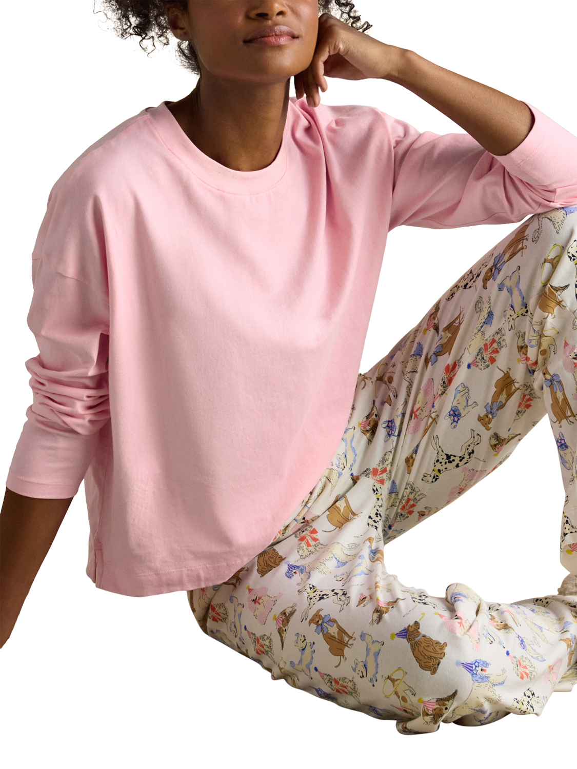 Product image 6 of 8, which shows Joules Jersey Dog Bottoms Long Pyjama Set, Pink/Multi, XS Reg