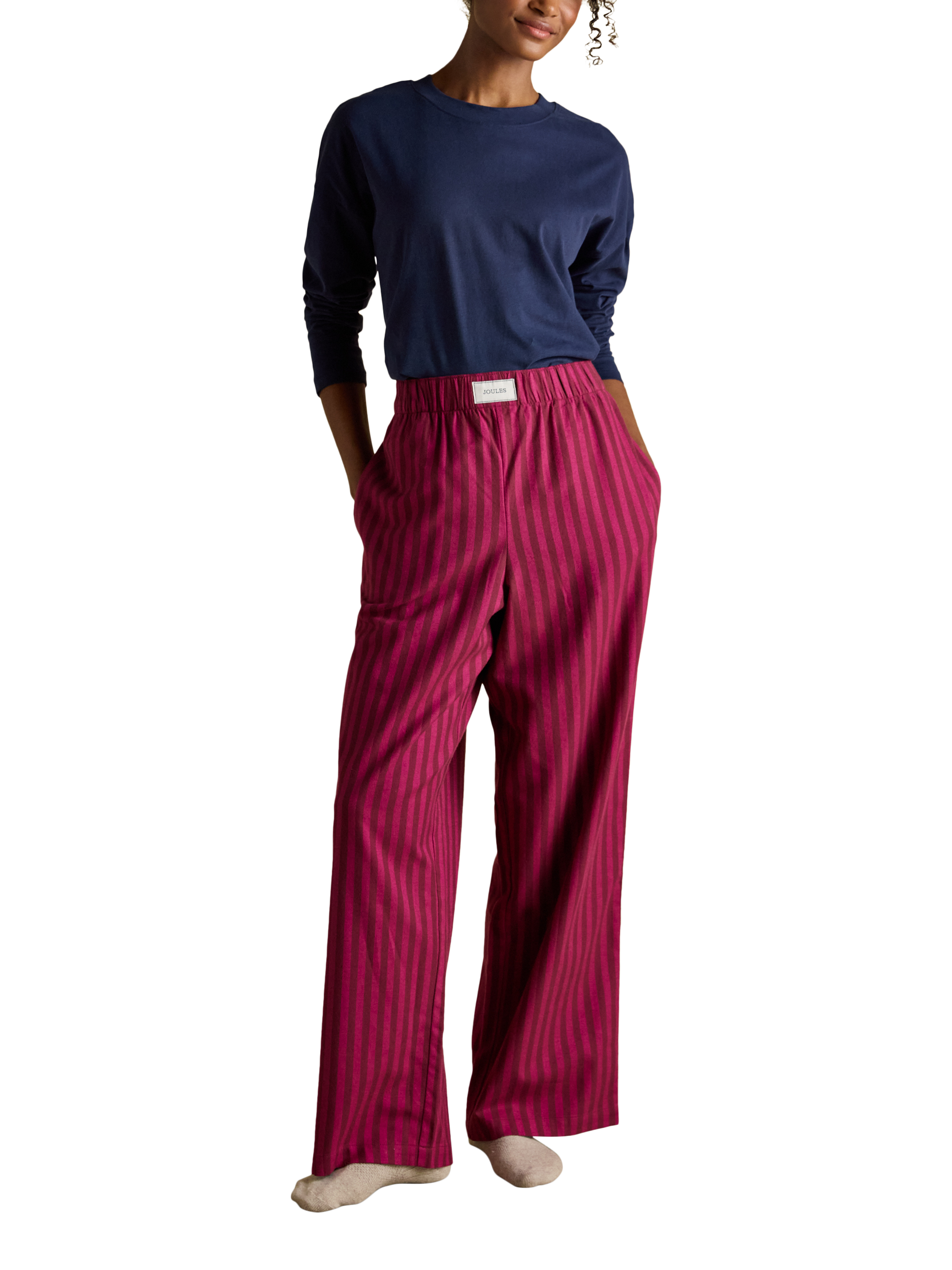 Product image 6 of 8, which shows Joules Stripe Brushed Cotton Pyjama Bottoms, Pink, XS Reg