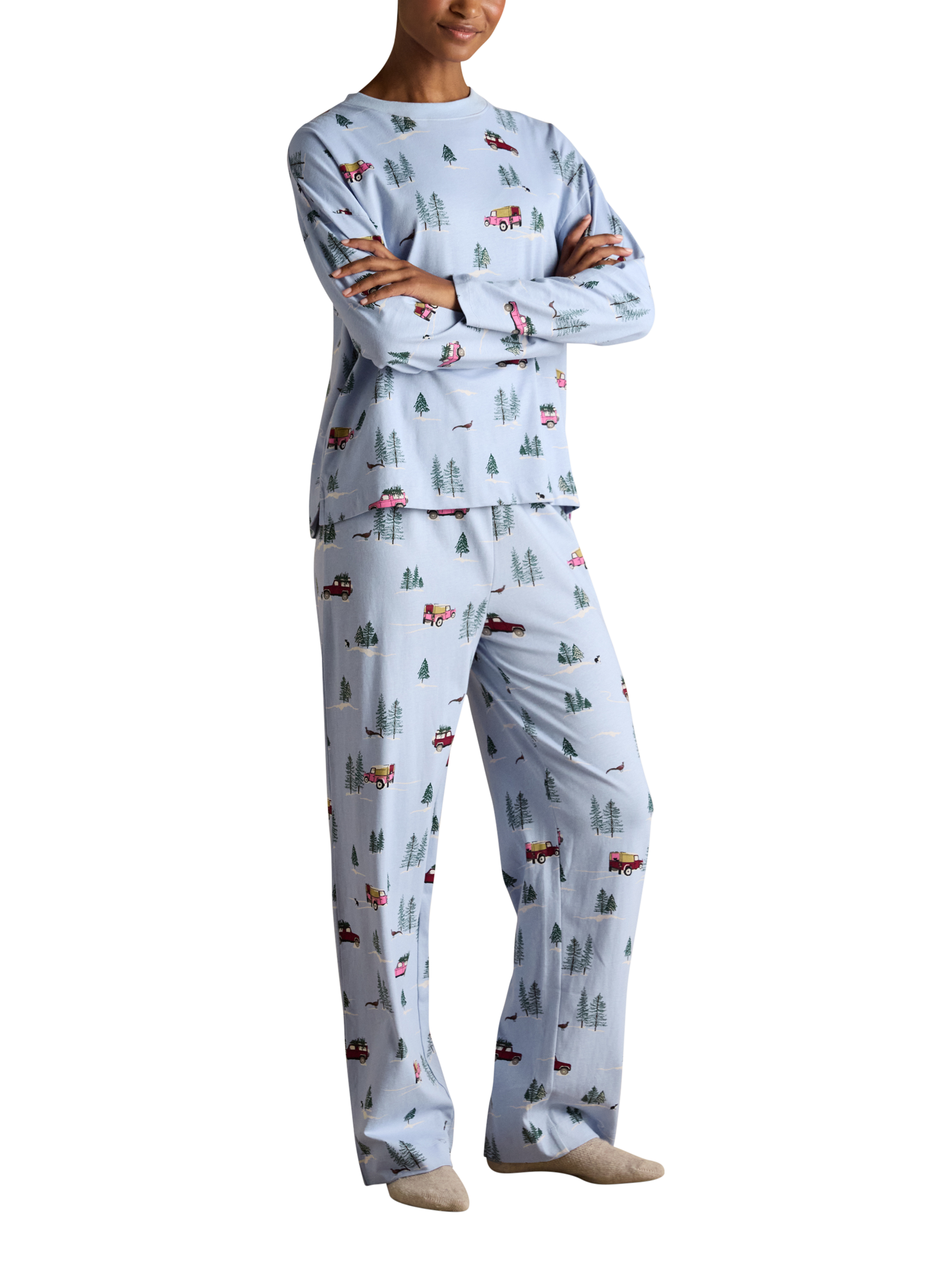 Product image 1 of 8, which shows Joules Christmas Jersey Long Pyjama Set, Blue, XS Reg