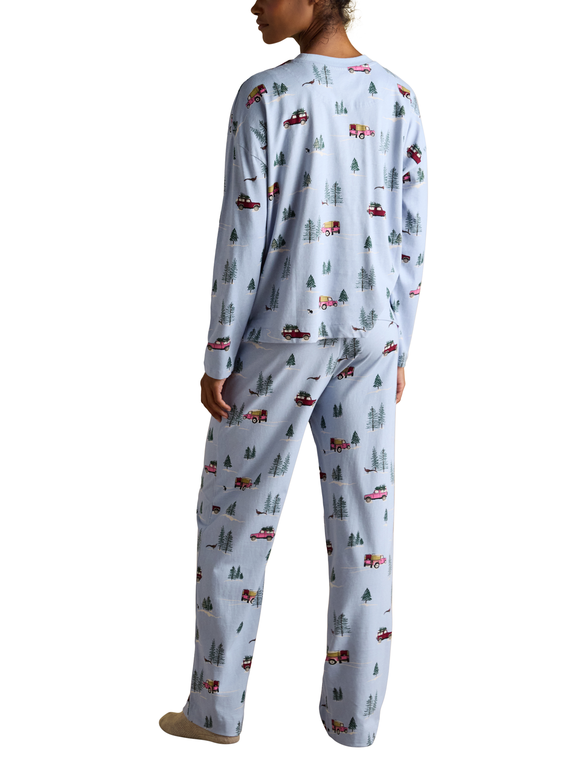 Product image 2 of 8, which shows Joules Christmas Jersey Long Pyjama Set, Blue, XS Reg