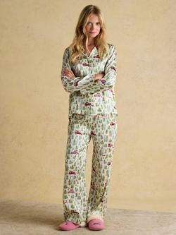 Joules Bonnie Satin Button Through Long Christmas Pyjama Set, Cream, Cream