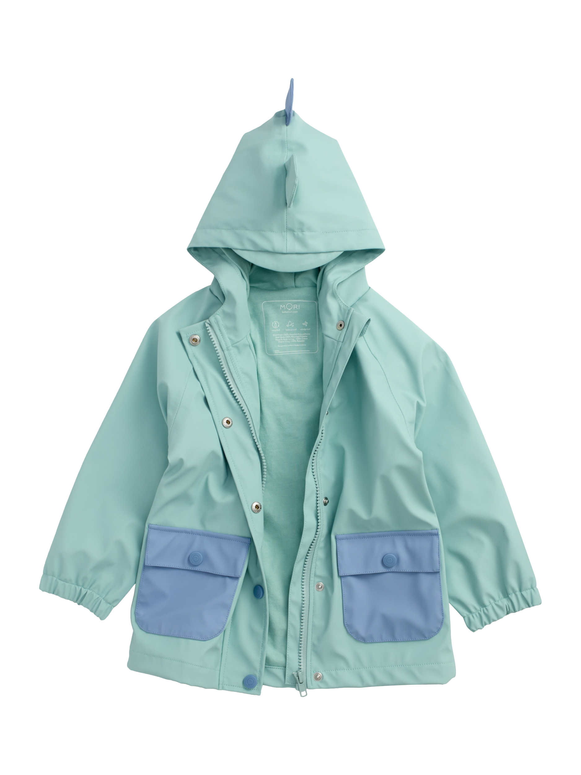Product image 1 of 5, which shows MORI Kids' Waterproof Hooded Dino Jacket, Mint, 5-6 years