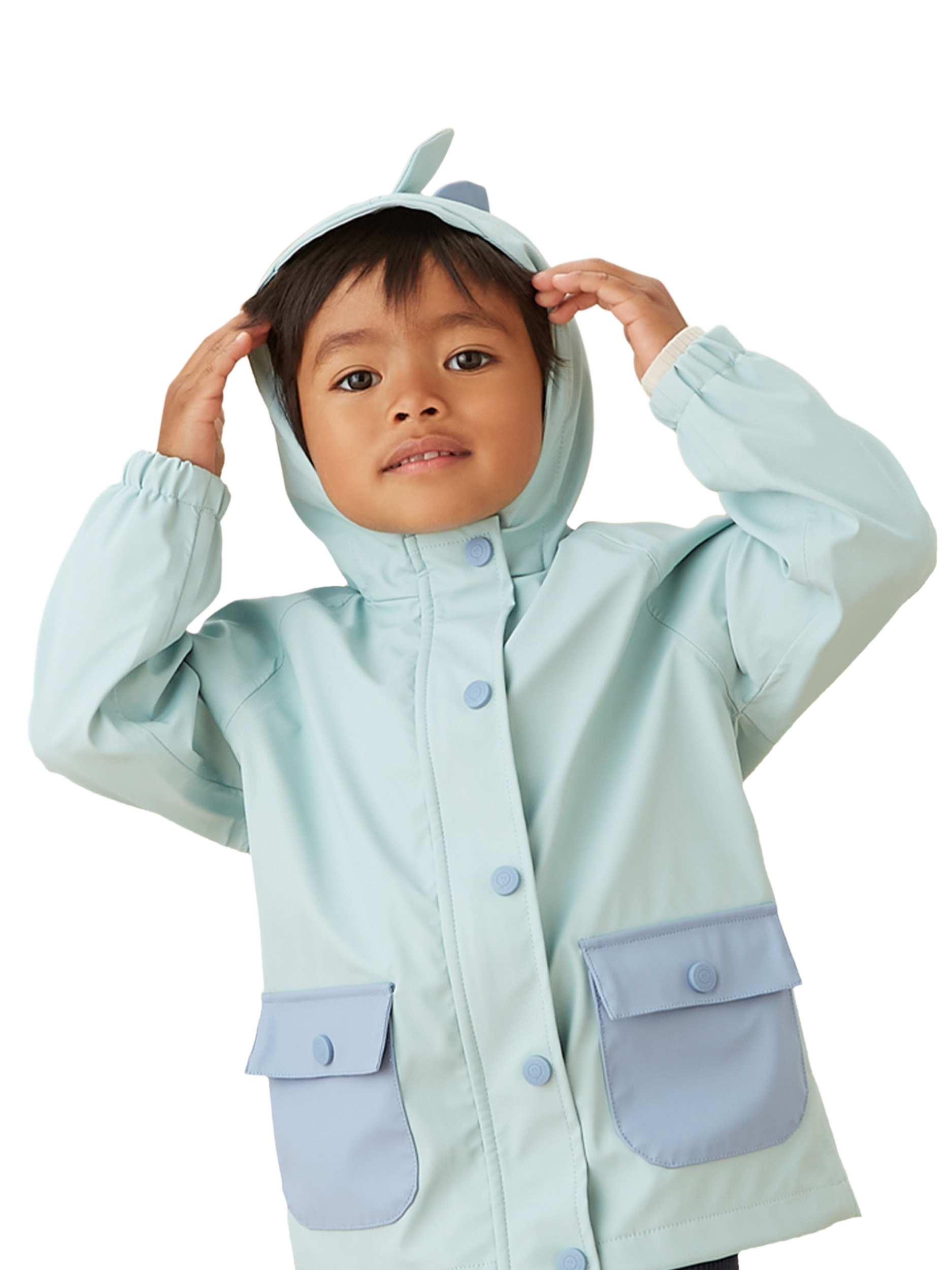 Product image 4 of 5, which shows MORI Kids' Waterproof Hooded Dino Jacket, Mint, 5-6 years