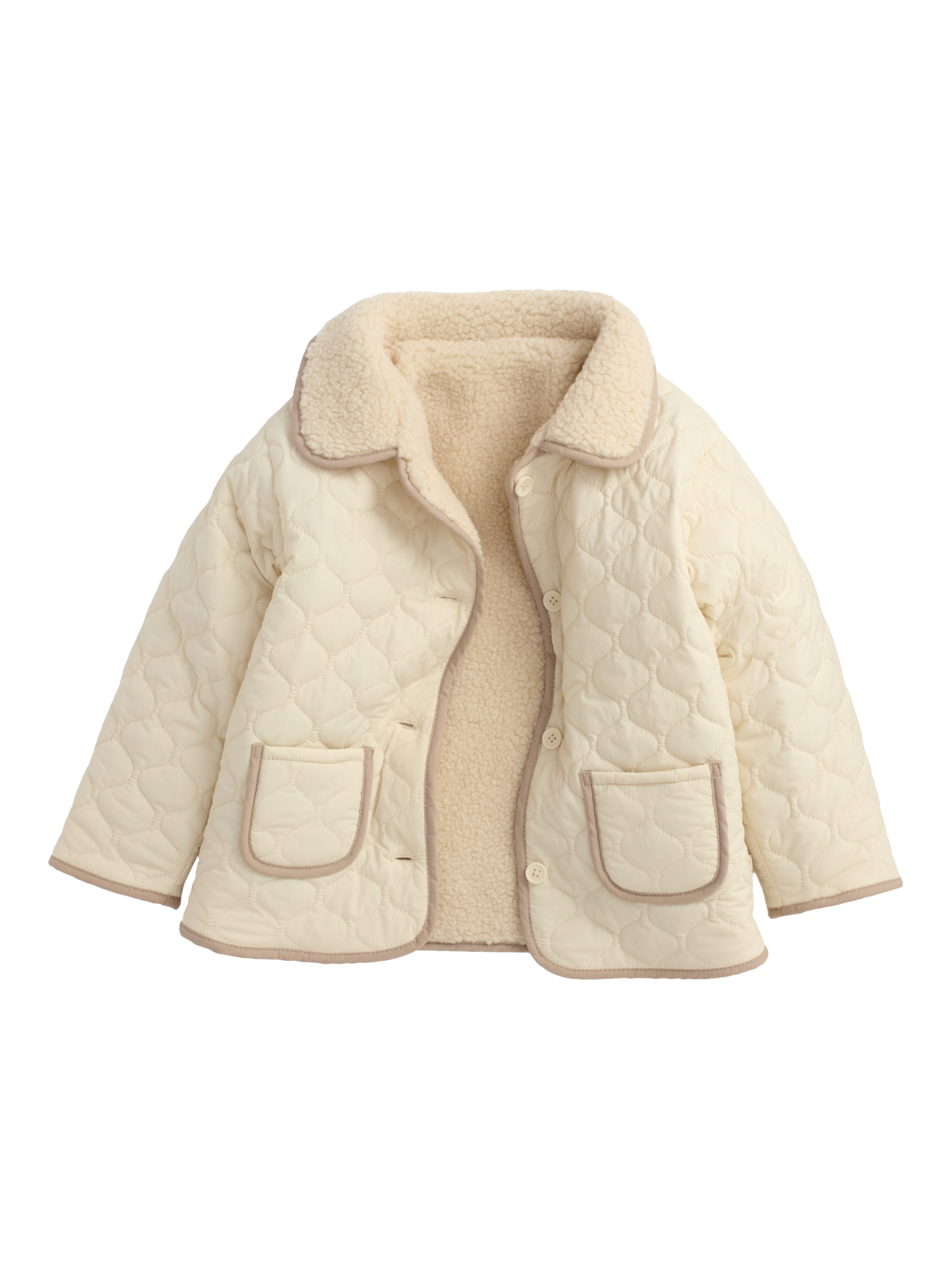 Product image 1 of 5, which shows MORI Kids' Reversible Quilted Borg Jacket, Milk, 18-24 months