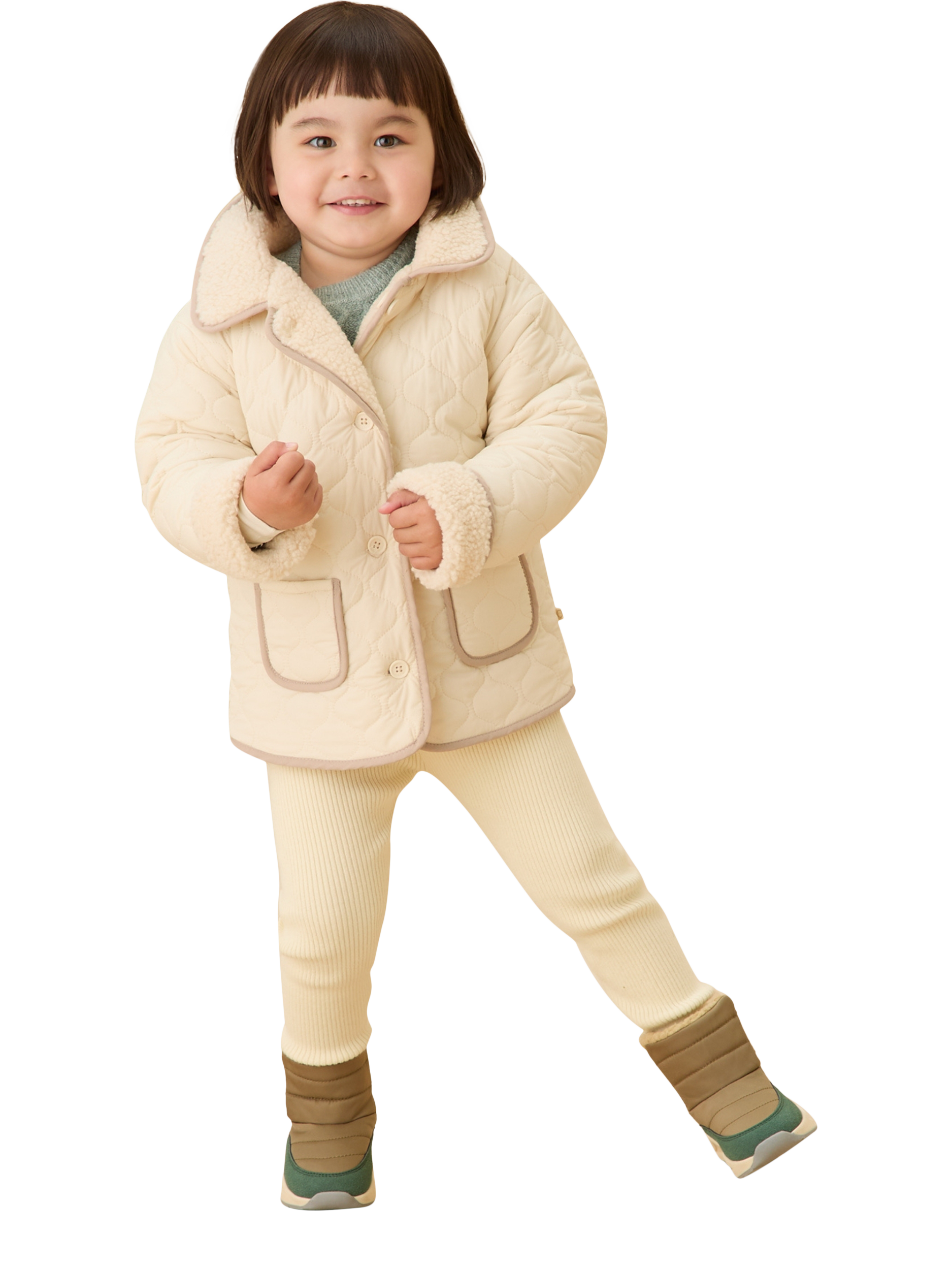 Product image 2 of 5, which shows MORI Kids' Reversible Quilted Borg Jacket, Milk, 18-24 months