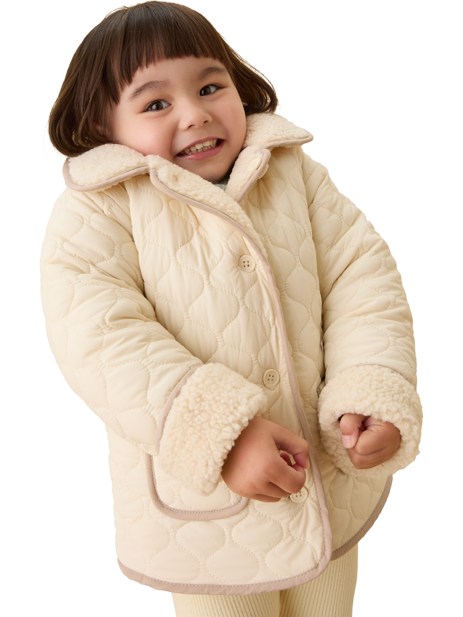 Product image 4 of 5, which shows MORI Kids' Reversible Quilted Borg Jacket, Milk, 18-24 months