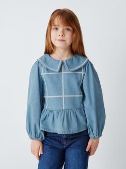 John Lewis Check Peplum Hem Denim Top, Blue, Blue