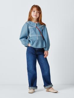 John Lewis Check Peplum Hem Denim Top, Blue - view 2, Blue